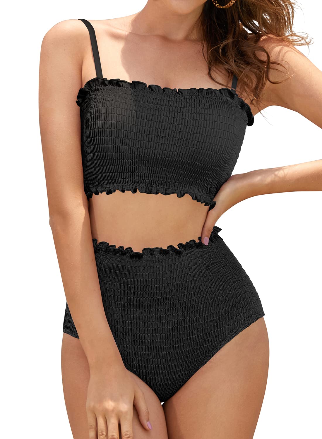 SHEKINI Women's Bikini Set - Shirred Bandeau Bikini Top with Removable Straps & High Waist Bottom | Two Piece Swimwear for Beach, Pool & Summer Vacation
