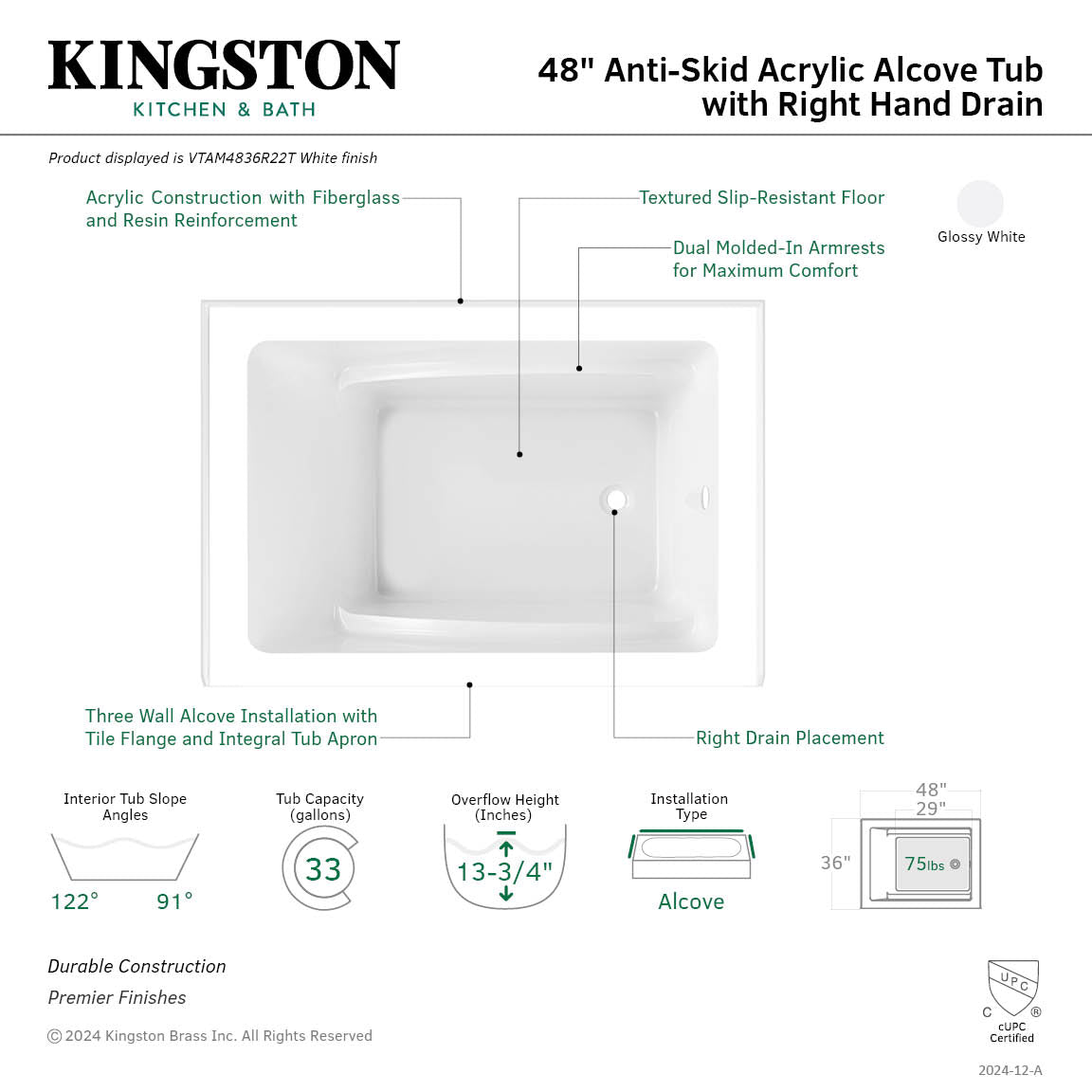 Aqua Eden VTAM4836R22T 48 Inch Acrylic Rectangular 3-Wall Alcove Bathtub - Right Hand Drain, Glossy White - Perfect for Modern Bathrooms & Spa-Like Retreats