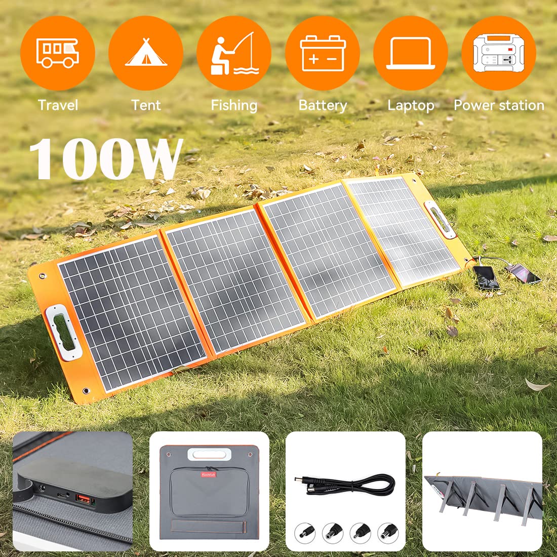 Foldable Solar Panel 100W 18V Portable Solar Charger with DC Output & 65W USB-C QC3.0 - Power Station Phone Laptop Charging for Camping Fishing RV Van Road Trips Outdoor Adventures Emergency Power Supply