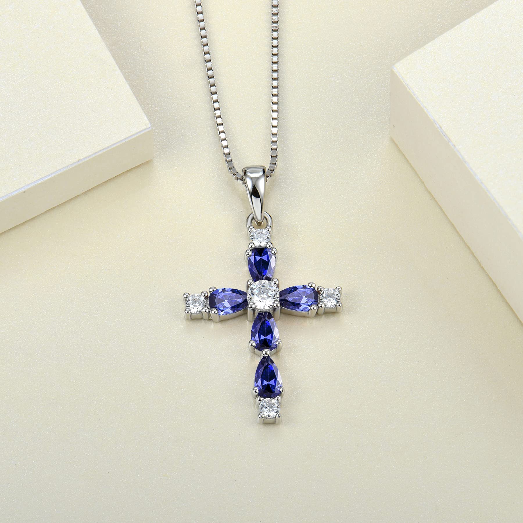 YL Cross Necklace 925 Sterling Silver Gemstone Pendant Birthstone Religious Jewelry for Women - Perfect Gift for Baptism, Confirmation & Everyday Faith Inspired Fashion