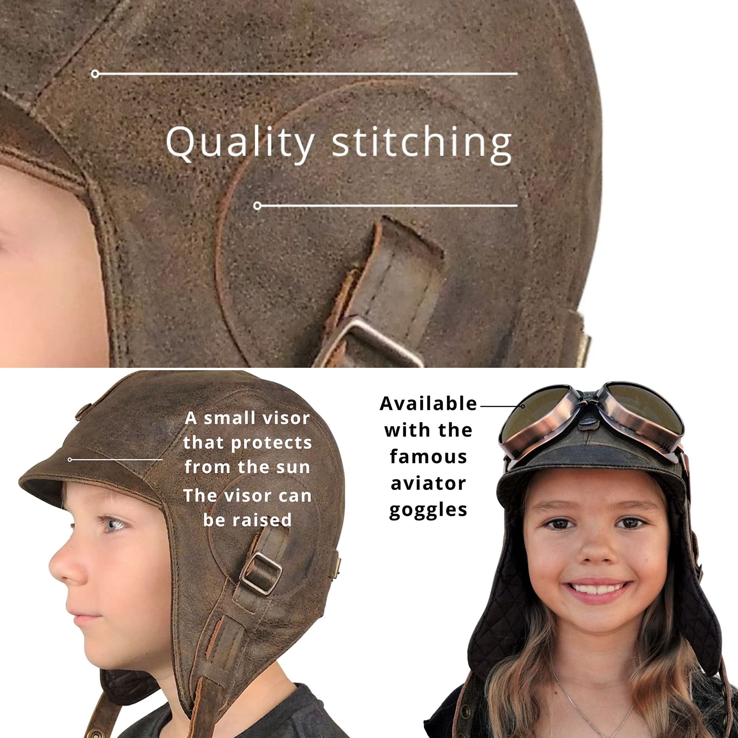 Kids Aviator Hat with Goggles - Genuine Brown Leather Pilot Flying Cap for Boys & Girls - Adjustable XSmall Size - Perfect for Halloween Costumes, Dress Up Play & Aviation Themed Parties