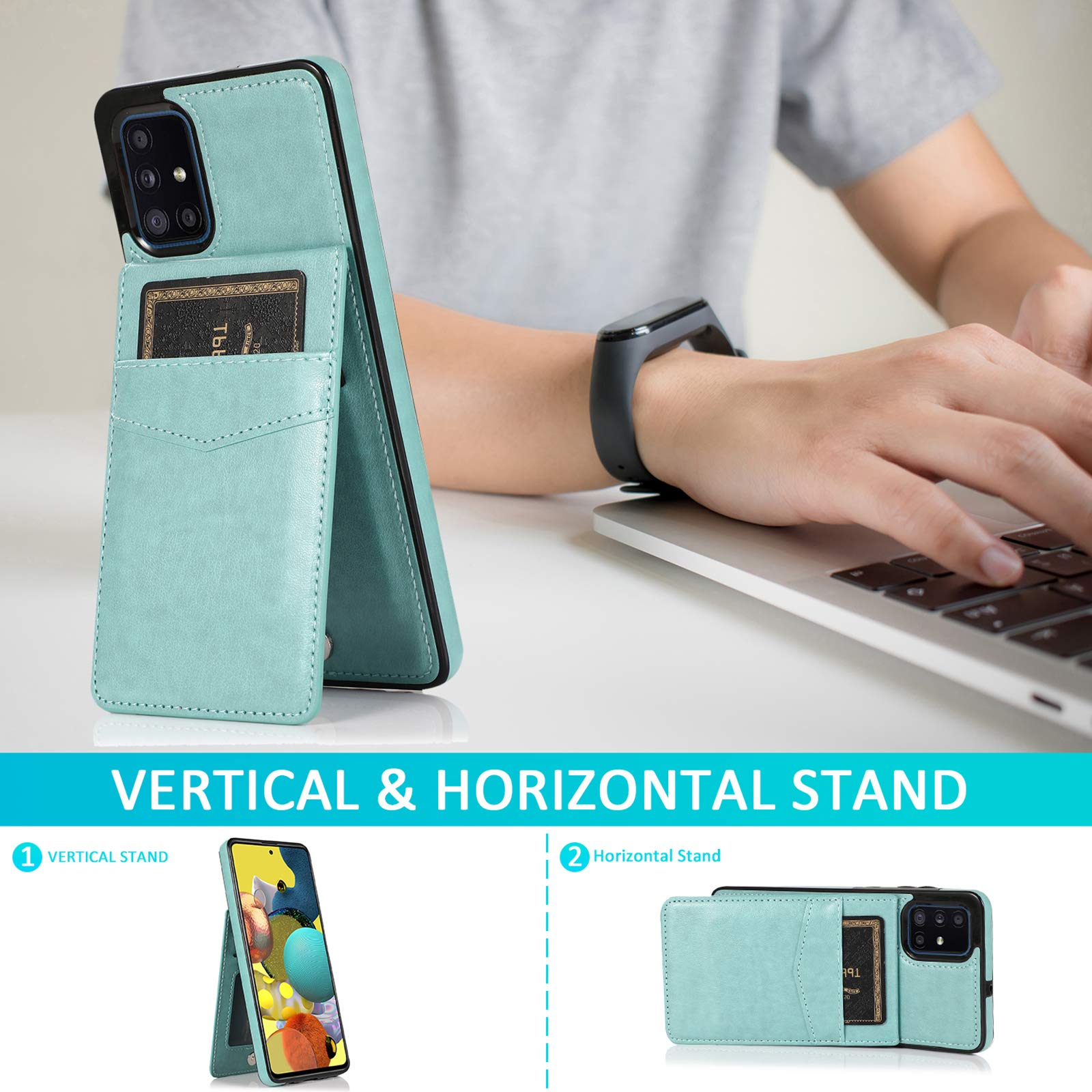 Samsung Galaxy A51 4G Phone Case with Tempered Glass Screen Protector, Credit Card Holder & Kickstand - Leather Wallet Cover for Galaxy A51/A515F/M40S (Green) - Perfect for Work, Travel & Daily Protection