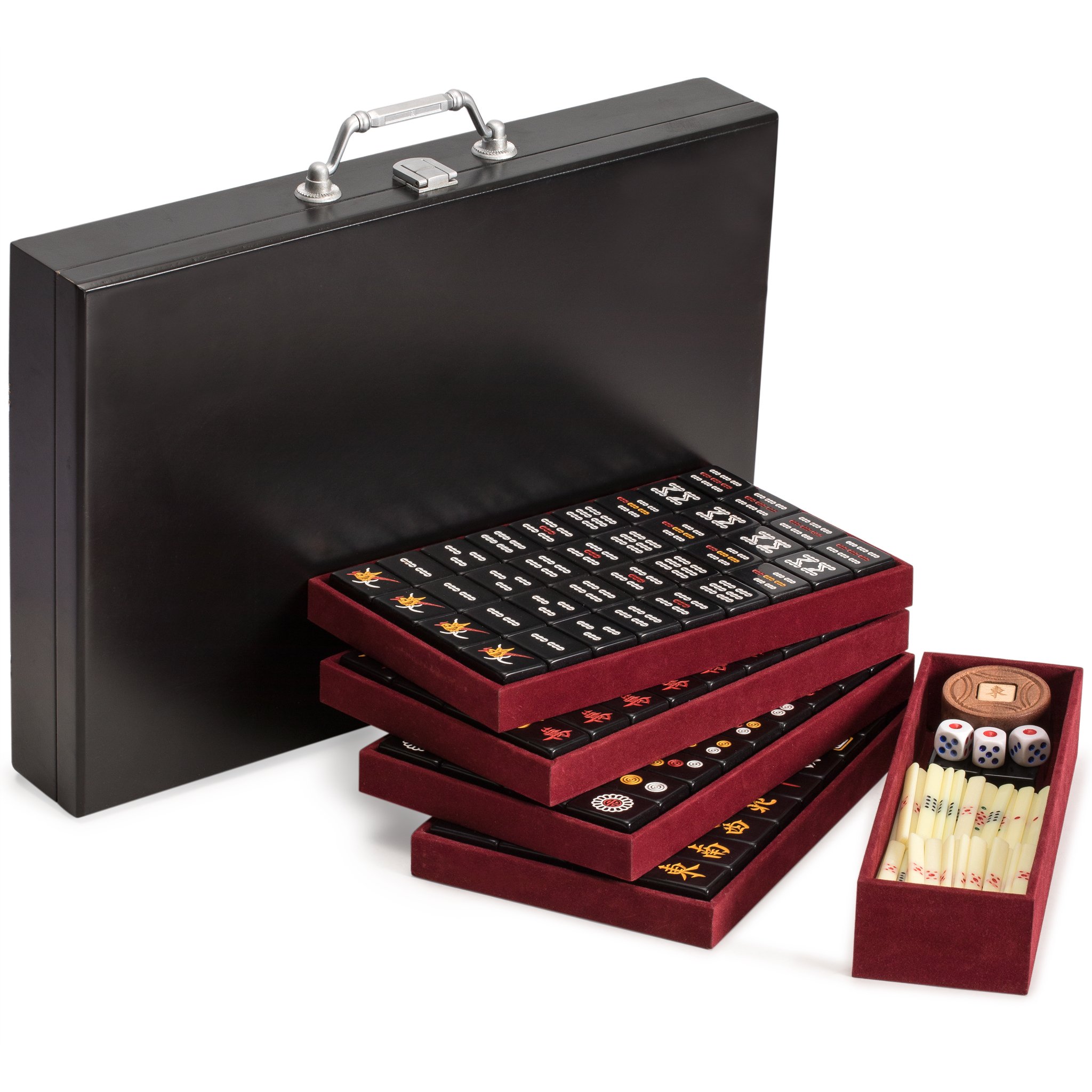 Premium Chinese Mahjong Set with 148 Small Black Tiles - Wooden Case, Spinner, Dice & Scoring Sticks | Authentic Asian Game for Family Gatherings, Game Nights & Cultural Events