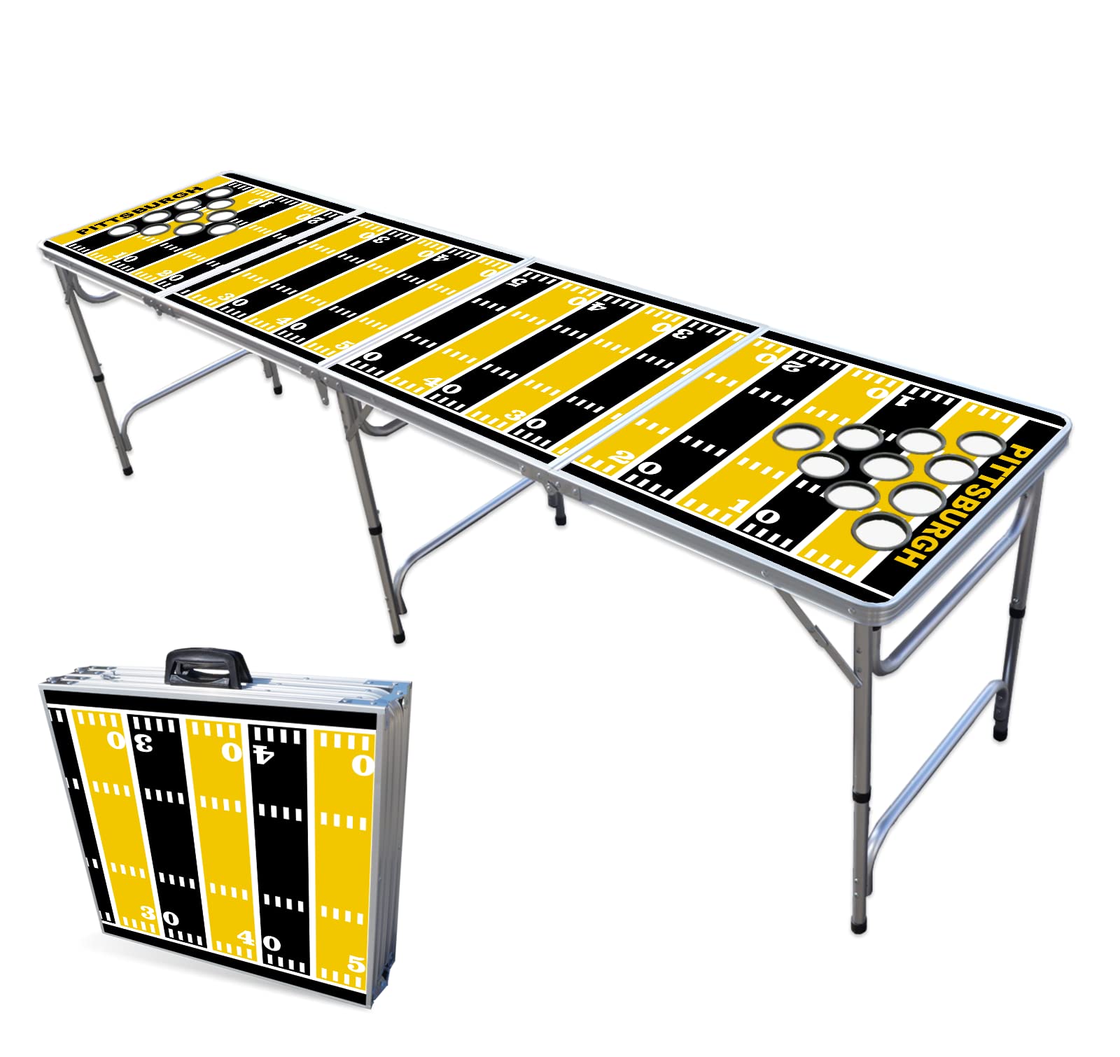 8-Foot Folding Portable Beer Pong Table with LED Lights & Cup Holders - Pittsburgh Steelers Football Field Design - Perfect for Tailgating, Parties & Outdoor Games
