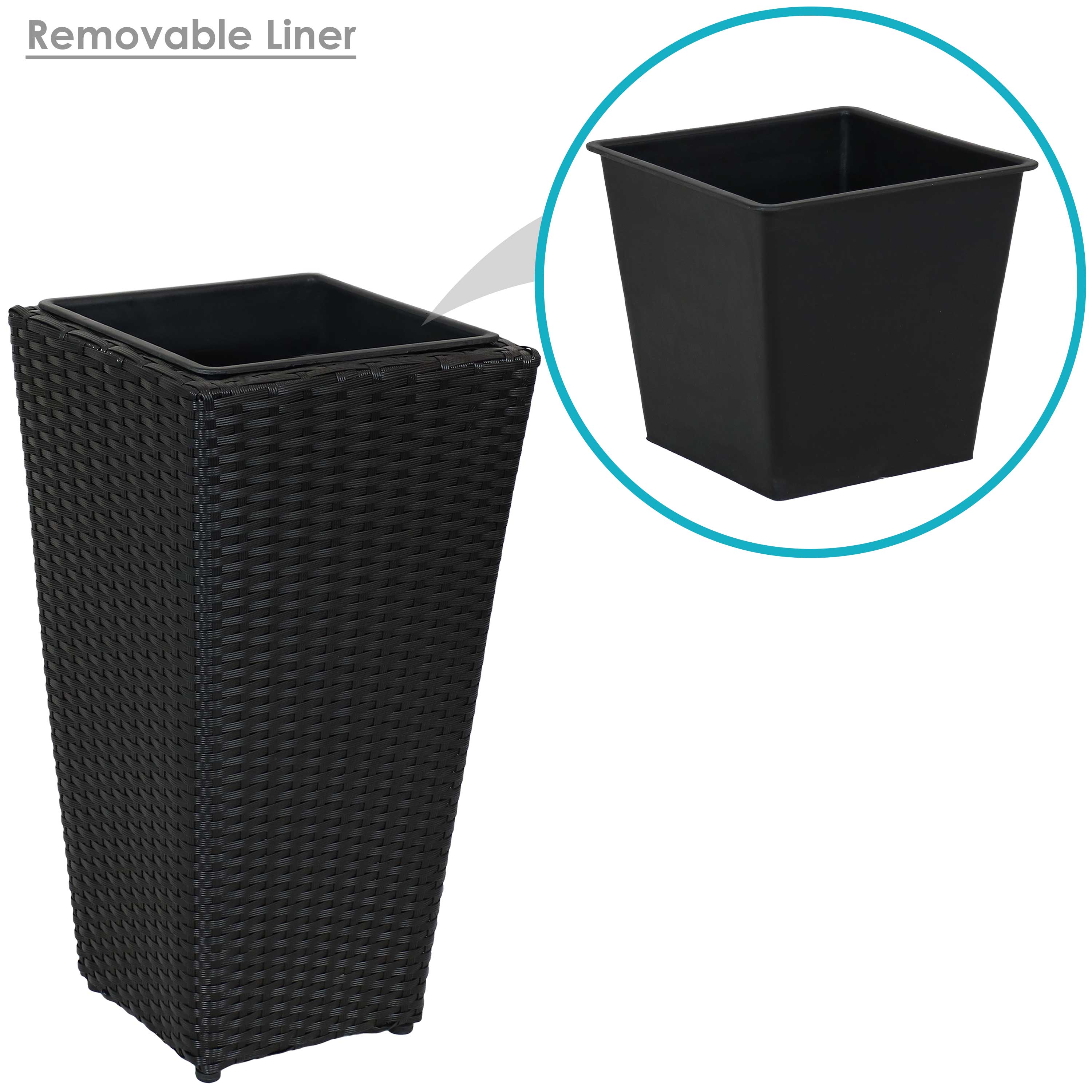 Sunnydaze 3-Piece Black Square Tall Wicker Planter Set - Durable Poly Rattan Outdoor Flower Pots for Patio, Garden & Balcony Decor