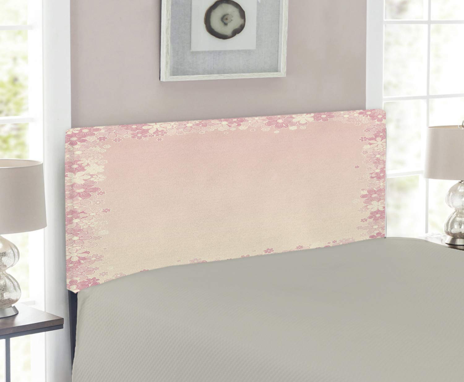 Lunarable Pale Pink Floral Wreath Headboard - Upholstered Decorative Metal Bed Frame with Memory Foam, Twin Size, Peach & Pale Yellow - Perfect for Girls' Bedroom Decor & Feminine Home Aesthetics