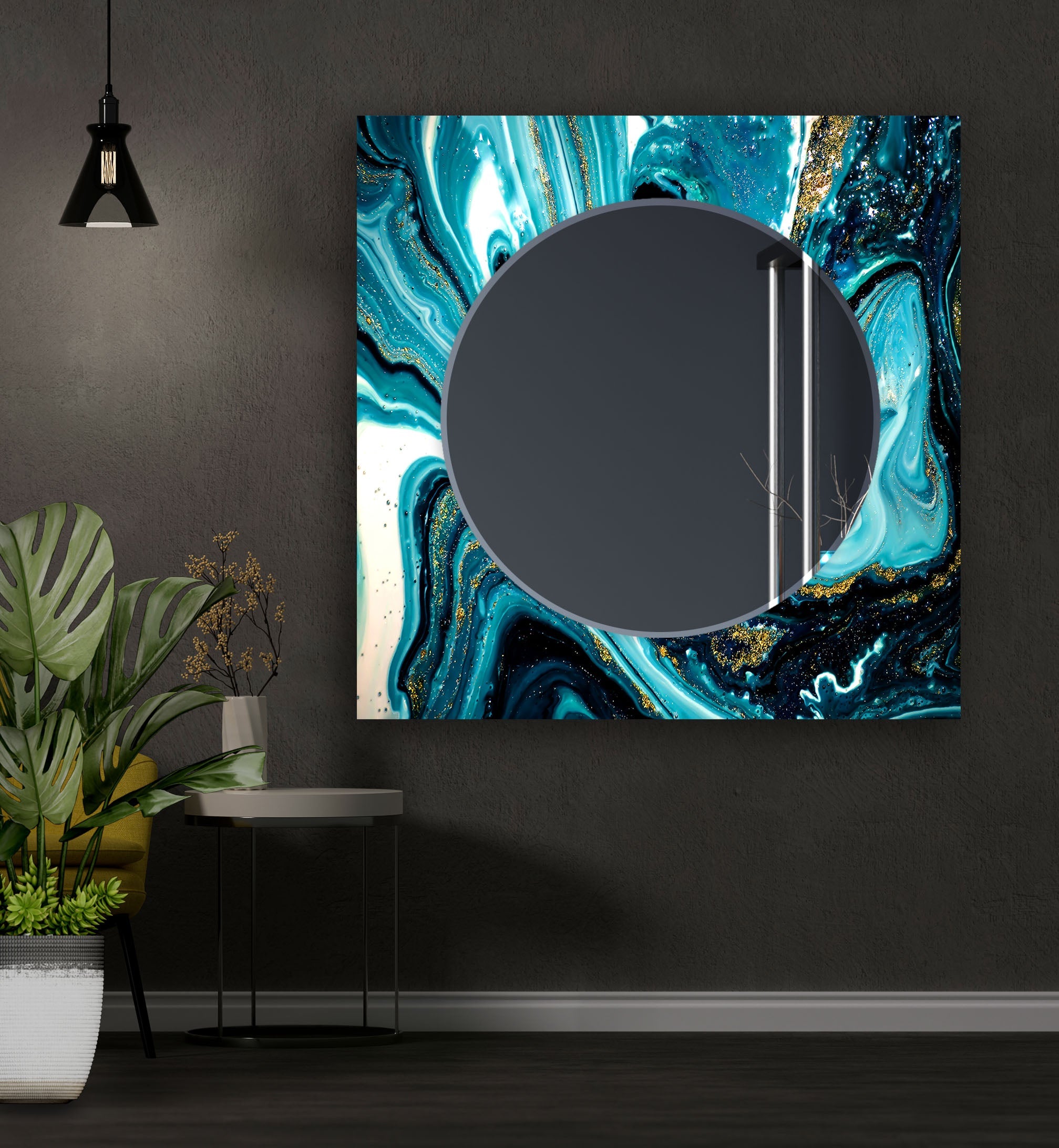 Stylish Blue and White Epoxy Wall Mirror - Modern Decorative Bathroom & Bedroom Vanity Mirror - Perfect for Home Decor, Dressing Areas, and Interior Design Accents
