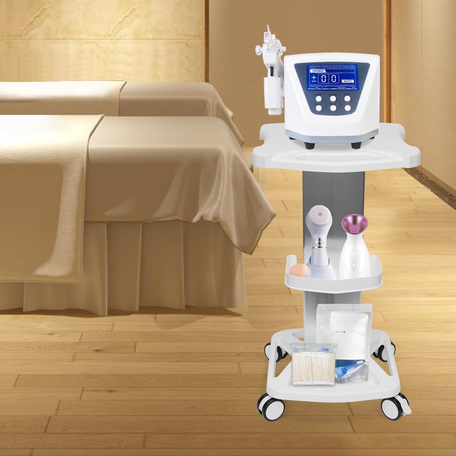 Professional Salon Trolley Cart - Aluminum Mobile Rolling Stand for Ultrasonic Cavitation, RF Machines & Spa Equipment | Medical Grade Manicure Shelf with Wheels (White) | Perfect for Beauty Salons, Spas & Home Use