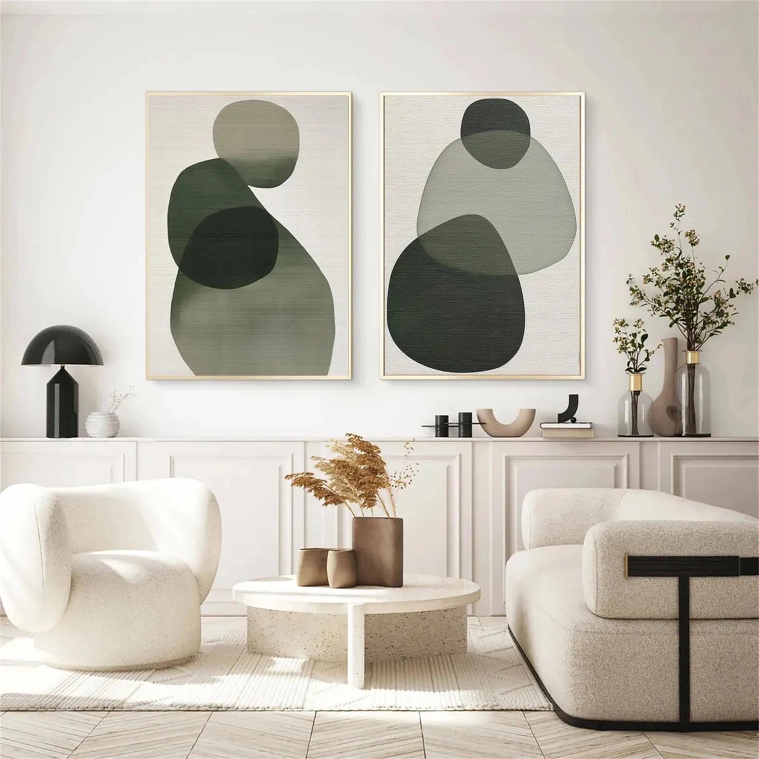 Abstract Wall Art Set of 2 - Blue & Green Modern Canvas Paintings for Living Room, Bedroom & Office Decor #BG088