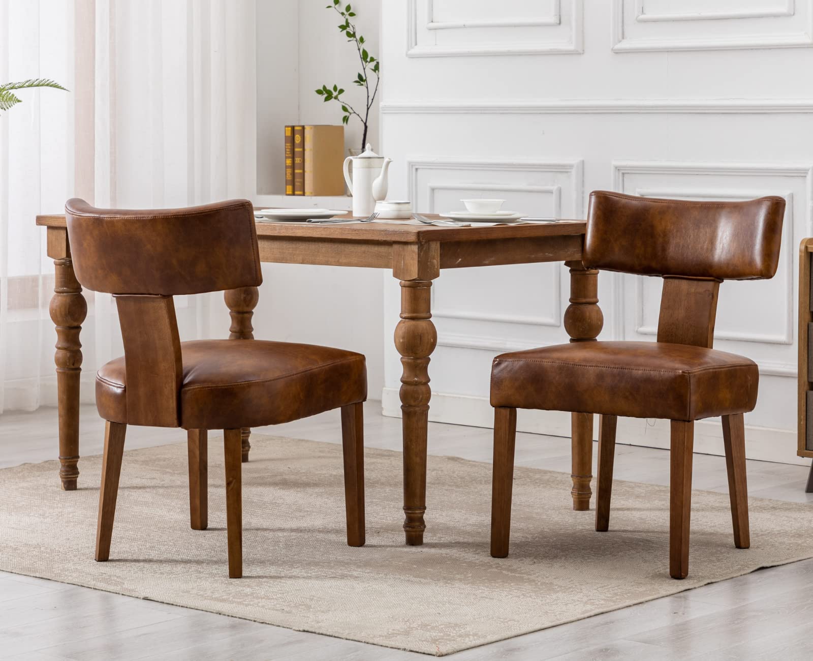 EALSON Mid Century Modern Dining Chairs Set of 2 - Brown Leather Upholstered Kitchen Chairs with Sturdy Wood Legs & Curved Back - Farmhouse Style Accent Chairs for Dining Room, Living Room & Kitchen | Perfect for Home Decor, Family Gatherings & Dinner Parties