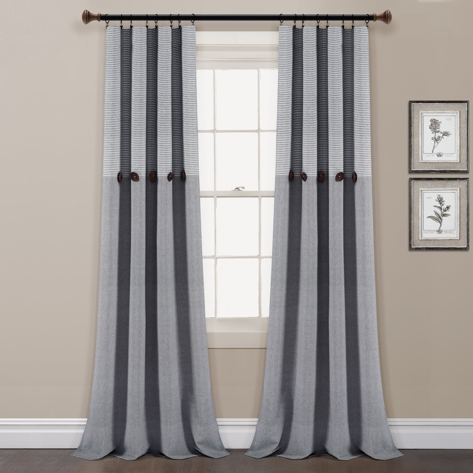 Farmhouse Style Button Stripe Yarn Dyed Woven Cotton Blend Curtain Panel Set - Light Filtering Window Treatments for Living Room, Bedroom & Kitchen Decor