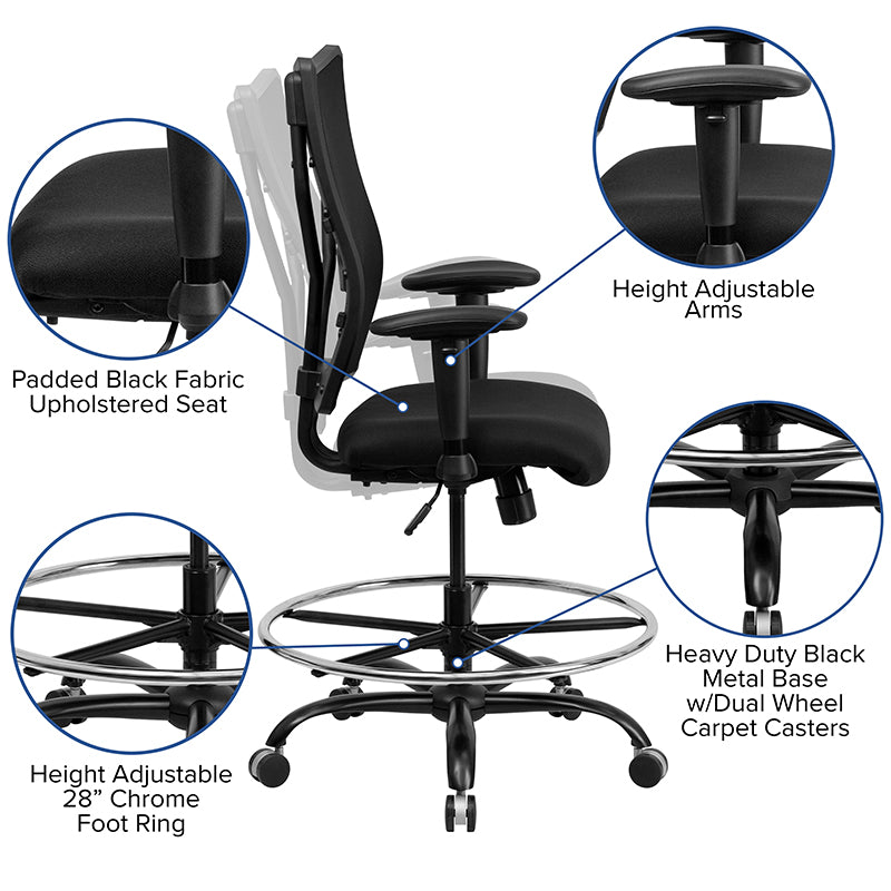 FLASH HERCULES Series Big & Tall 400 lb. Capacity Black Mesh Ergonomic Drafting Chair with Adjustable Arms - Perfect for Office, Gaming, and Home Workspaces