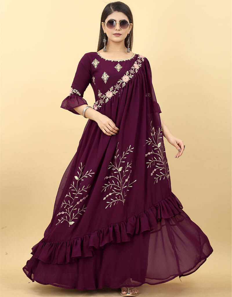 Elegant Blackberry Designer Party Wear Gown with Shrug - Formal Evening Dresses for Women, Prom, Cocktail & Wedding Events