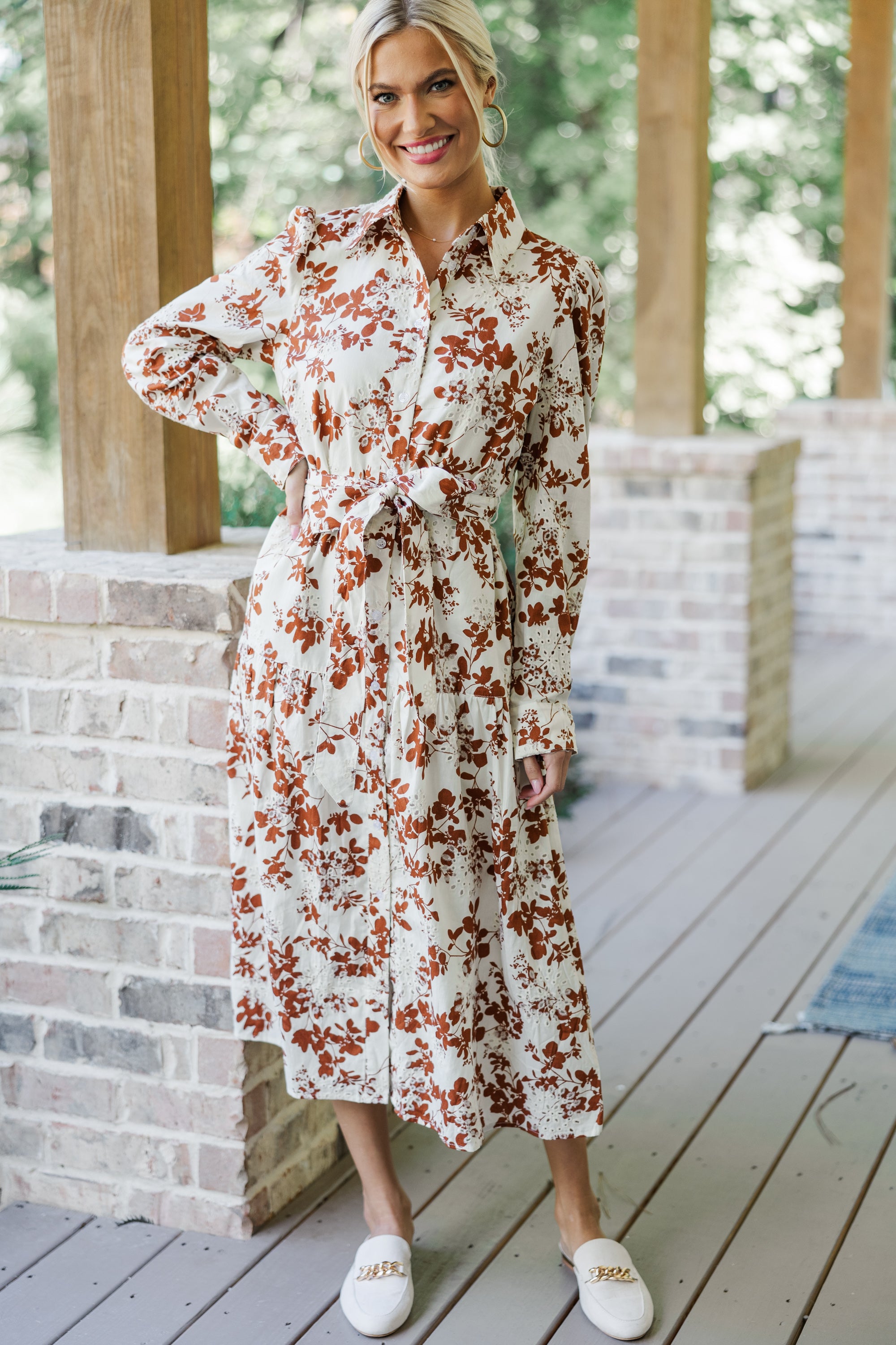 Fate: Elegant Ivory and Brown Floral Print Midi Dress for Women - Perfect for Summer Parties, Weddings & Date Nights