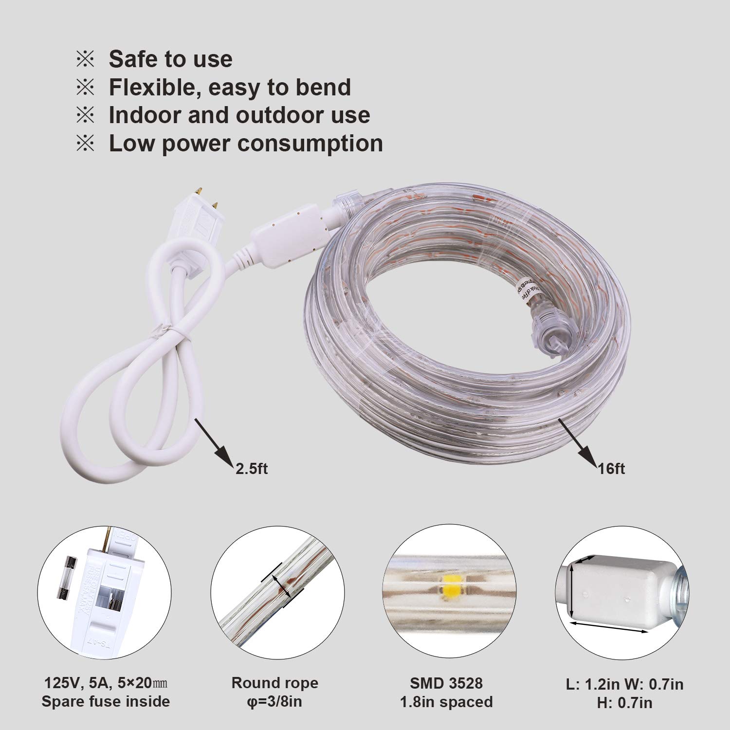 16ft Warm White LED Rope Lights - Connectable Flexible Strip Lights with Fuse Holder, Clear Thick PVC Jacket & High Brightness LEDs - Waterproof Indoor/Outdoor Lighting for Patio, Garden, Christmas Decor