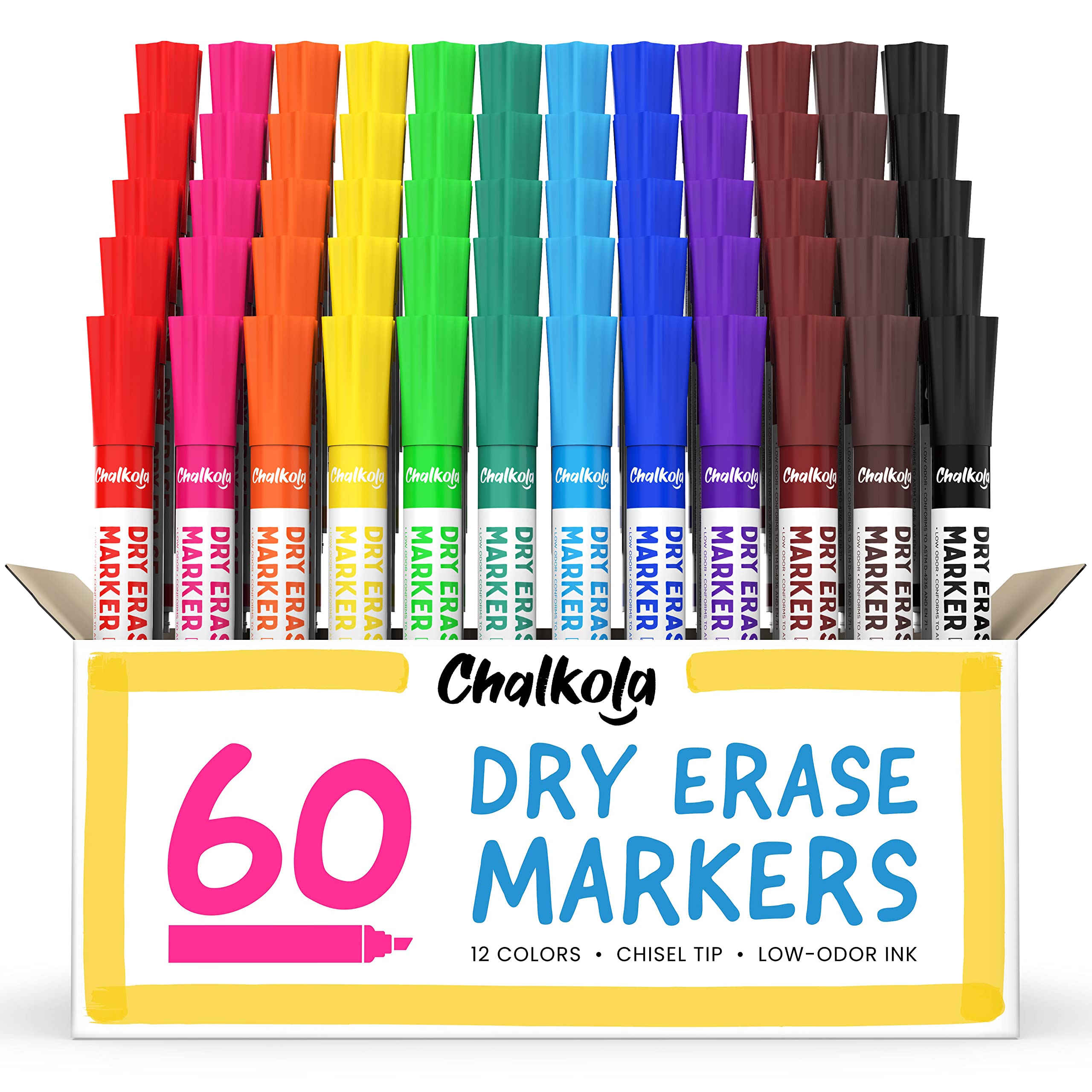 Chalkola 60-Pack Dry Erase Markers (12 Vibrant Colors) - Chisel Tip Whiteboard Markers for Kids, Office & School | Non-Toxic, Low-Odor White Board Pens for Classroom, Home & Office Use