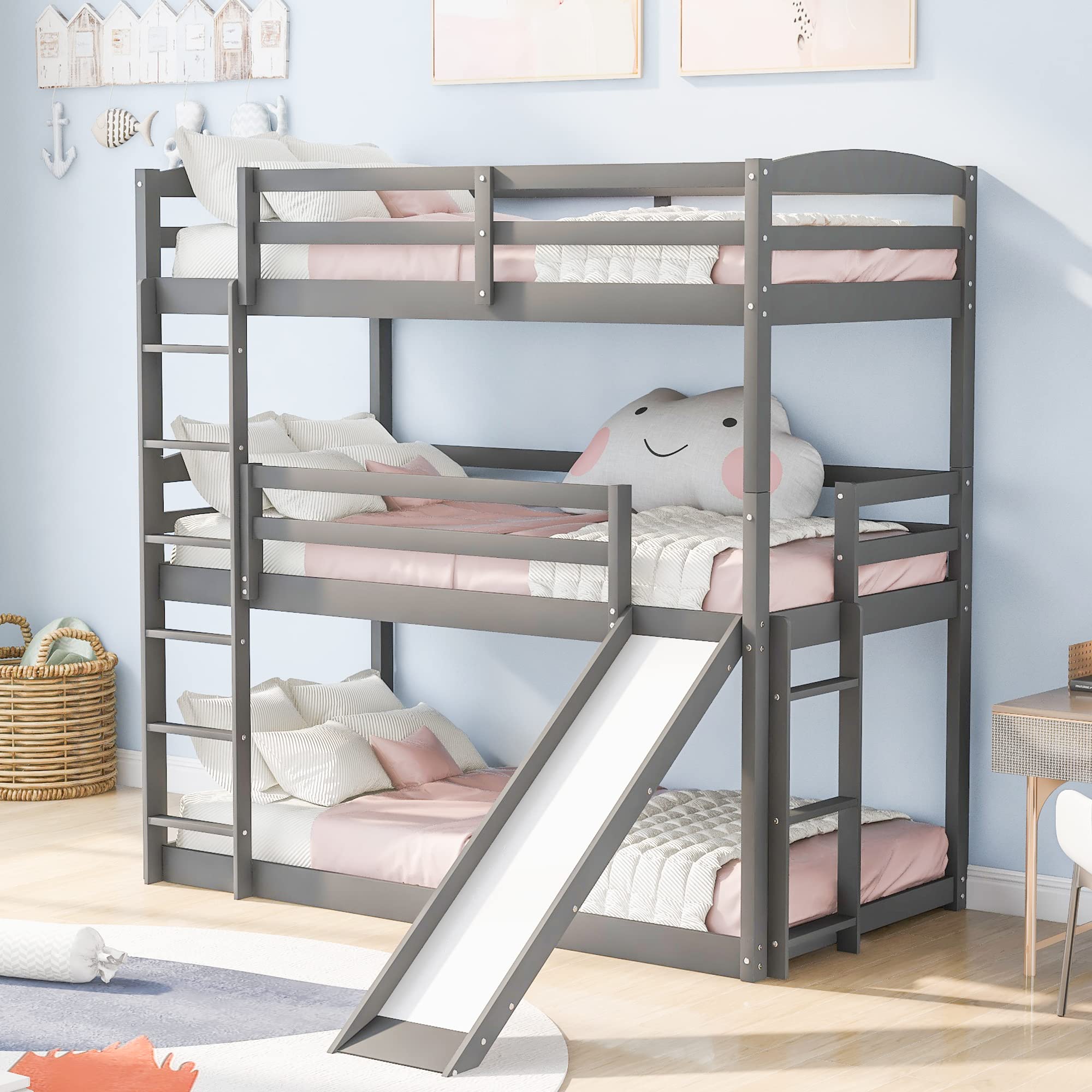 **Merax Triple Bunk Bed with Slide - Twin Over Twin Over Twin Adjustable Bunk Bed Frame with Guard Rail & Ladder for Kids, Teens, Adults - Space-Saving Grey Bunk Bed for Small Rooms, Dorms, and Shared Kids' Bedrooms**
