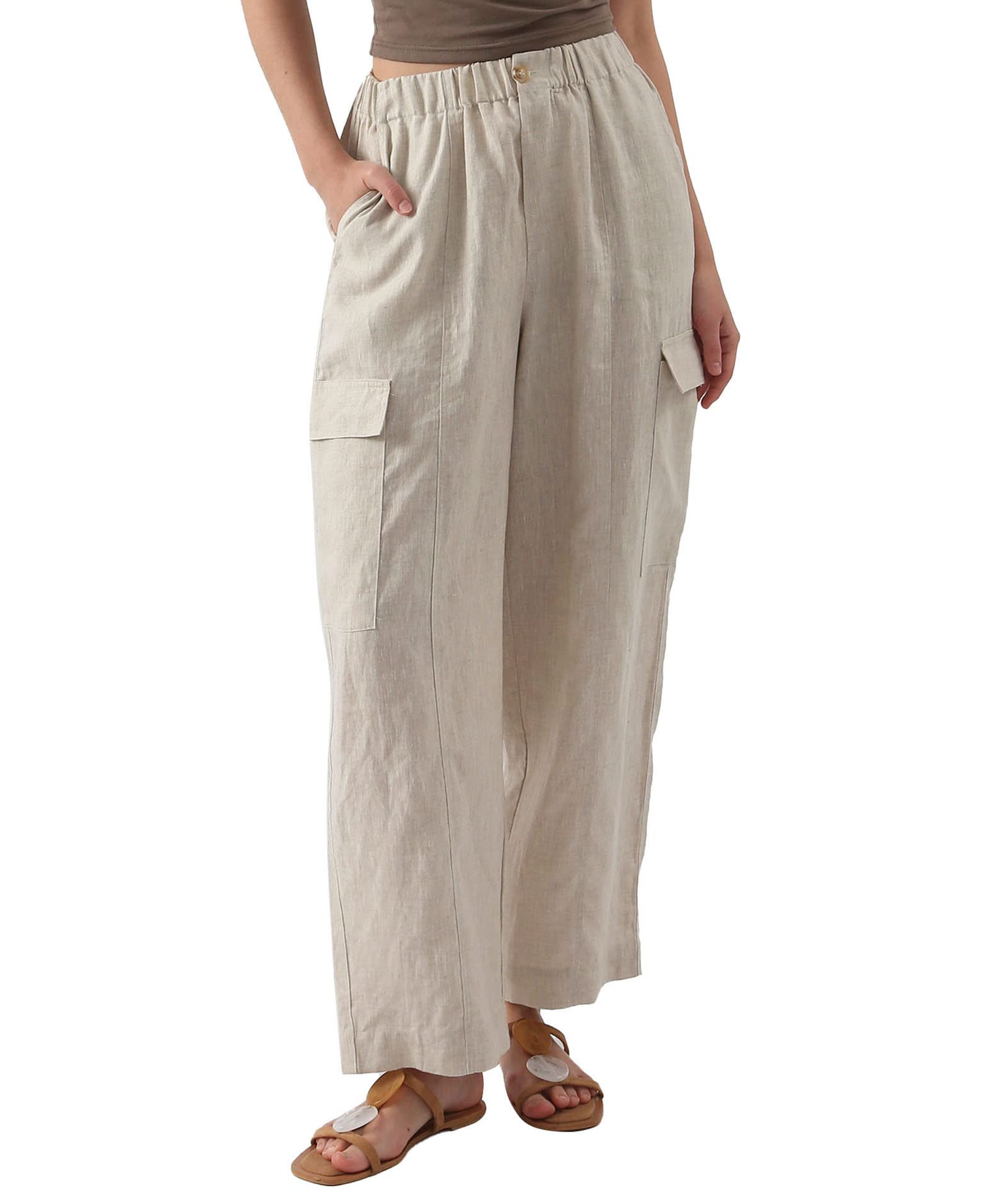 Amazhiyu Women's Pure Linen Wide Leg Cargo Pants - Elastic Waist Comfortable Baggy Joggers with Pockets | Casual Summer Outfit, Beach Vacation, Streetwear Fashion