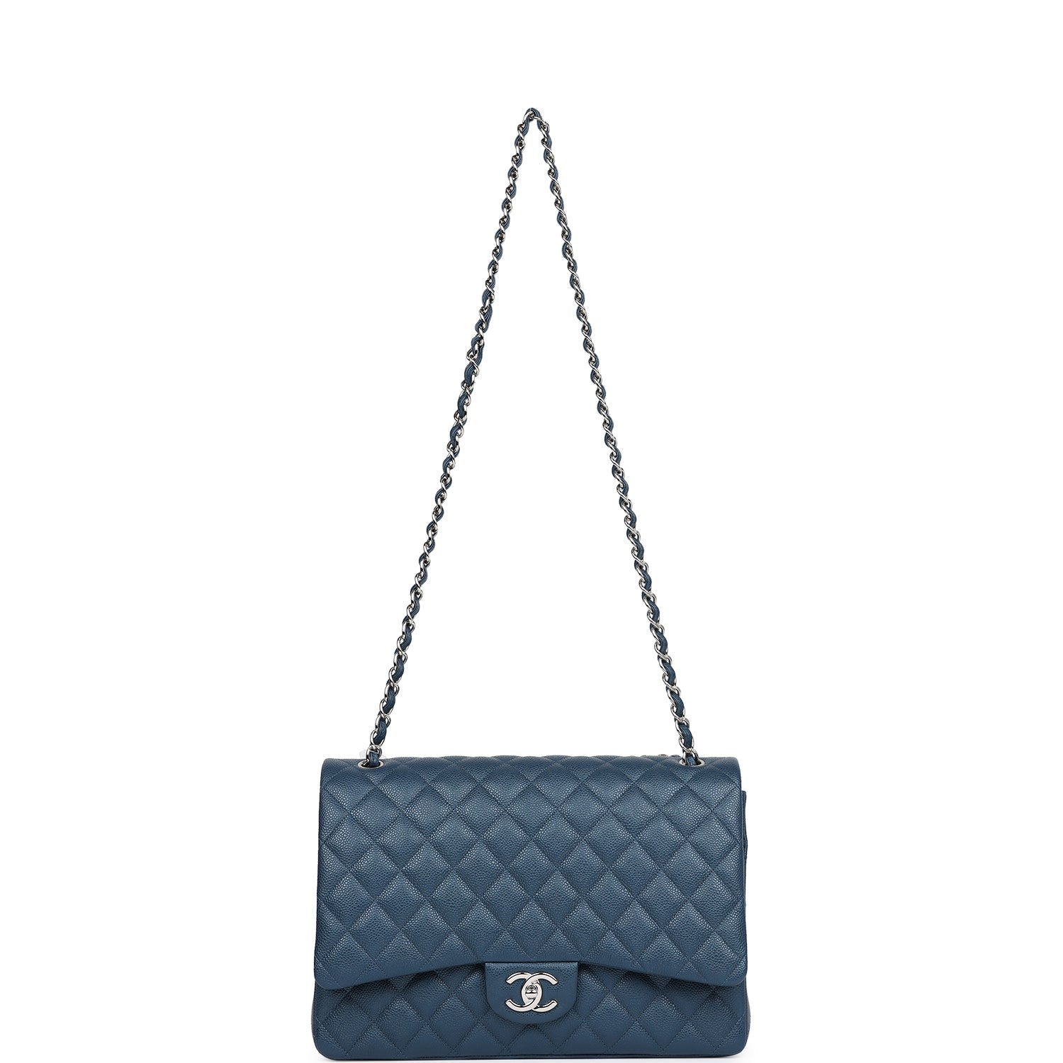 Chanel Maxi Classic Double Flap Bag in Dark Blue Caviar Leather with Silver Hardware - Luxury Designer Handbag for Women, Perfect for Work, Travel & Special Occasions