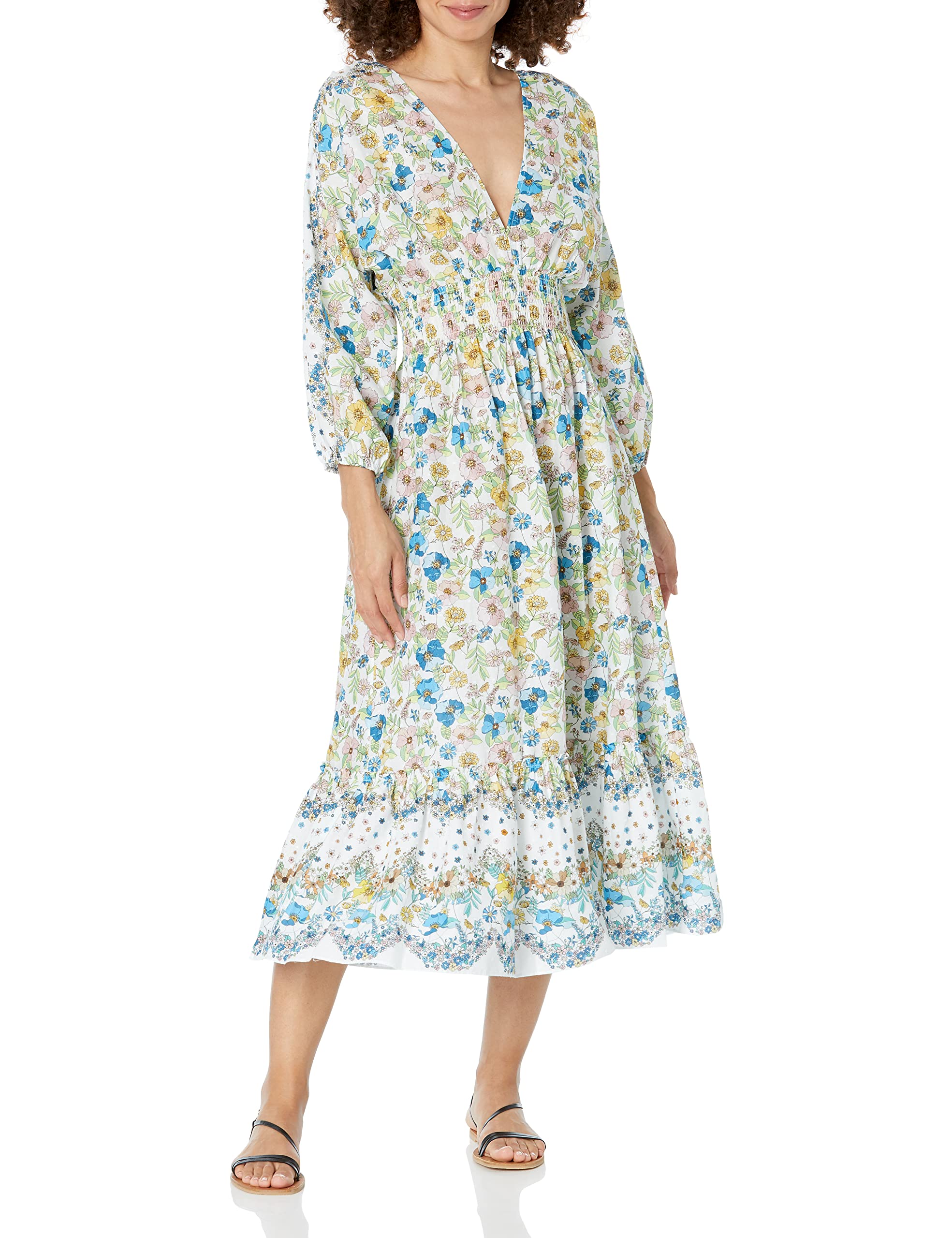 Shoshanna Women's Dreamy Midi Dress - Flowy Summer Dress with Floral Print, V-Neck & Ruffle Sleeves | Perfect for Beach Vacations, Date Nights & Garden Parties