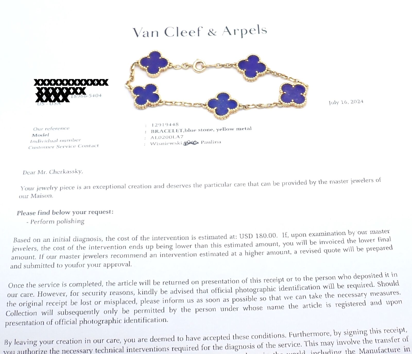 Authentic Van Cleef & Arpels 18k Gold 5 Motif Alhambra Bracelet with Lapis Lazuli - Luxury Jewelry Gift for Women, Perfect for Weddings & Special Occasions