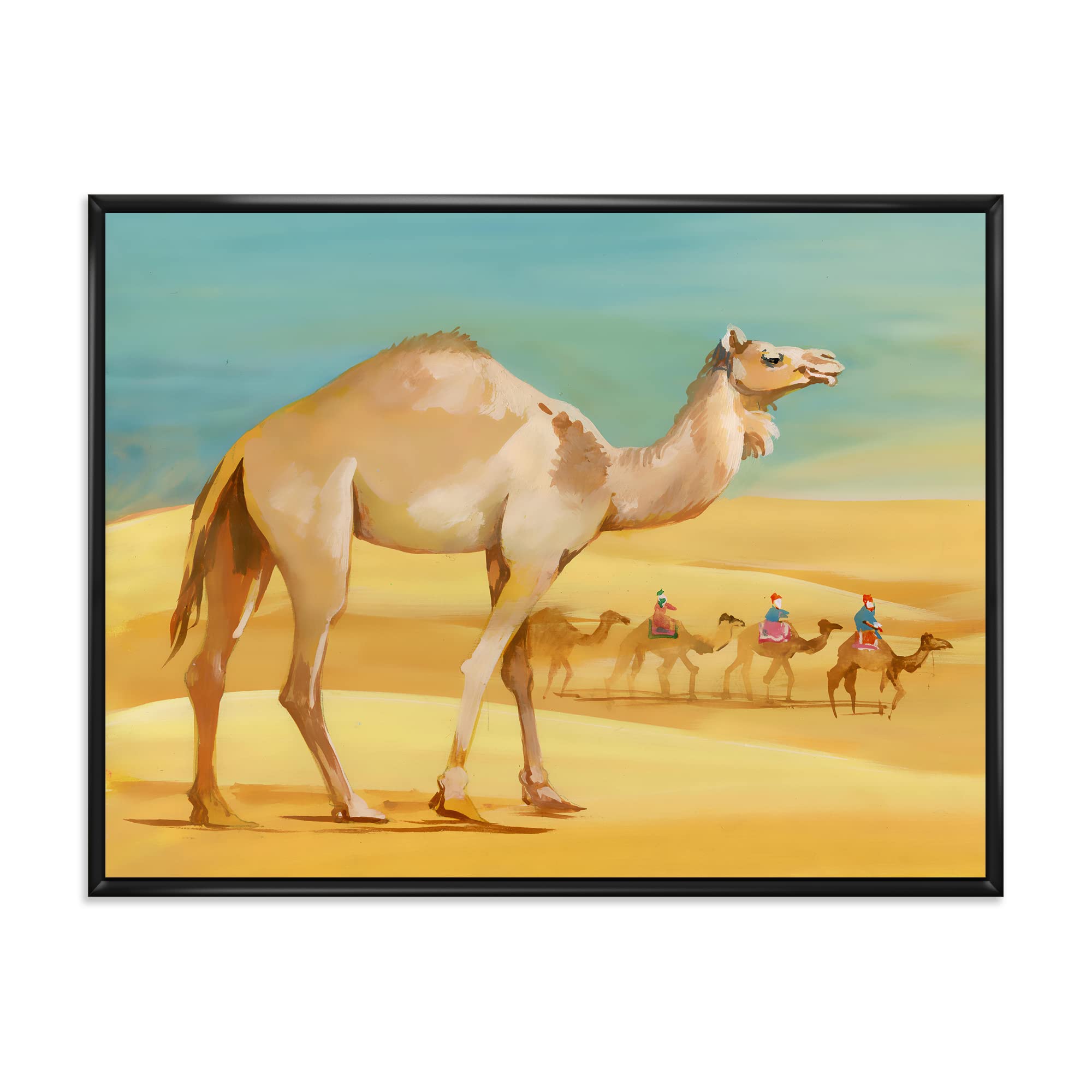DesignQ Camels In Desert - Farmhouse Framed Canvas Wall Art Print | Desert Landscape Painting for Living Room, Bedroom & Office Decor | Western Home Decor & Wall Art Gift
