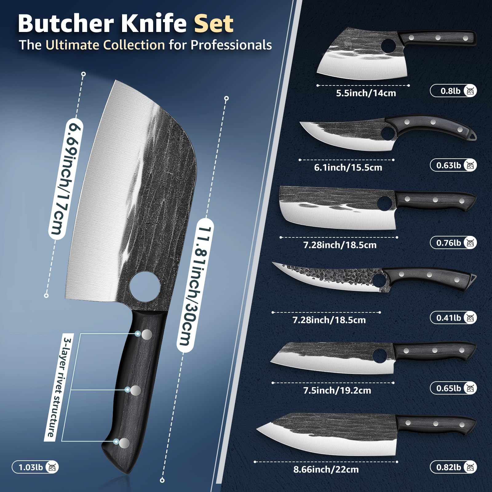 Premium 13-Piece TIVOLI Butcher Knife Set - High Carbon Steel Hand-Forged Kitchen Knives for Meat Cutting & BBQ - Includes Roll Bag - Perfect for Home Chefs, Outdoor Cooking & Professional Kitchens