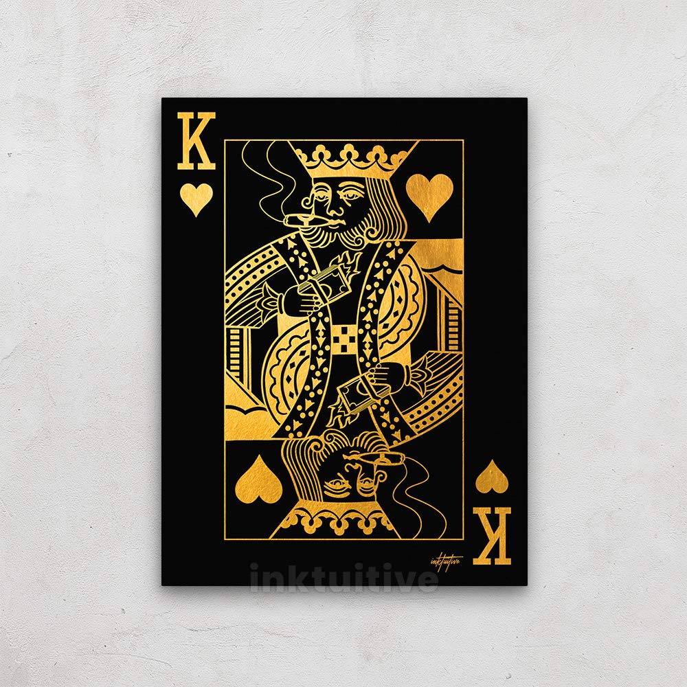 Inktuitive 'King of Hearts’ Gold Inspirational Wall Art Canvas Print | Motivational Playing Cards Décor for Bedroom, Living Room & Office | 40 x 30 Inches | Perfect for Home Decor, Game Room & Gift Ideas