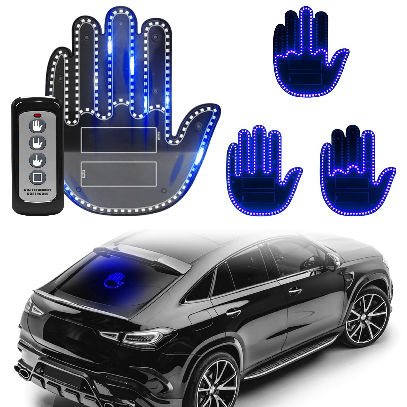 DIBMS Blue LED Hand Gesture Light with Remote Control - Funny Finger Window Sign Light for Cars, Trucks & Vehicles - Perfect for Road Trips, Parties & Night Driving