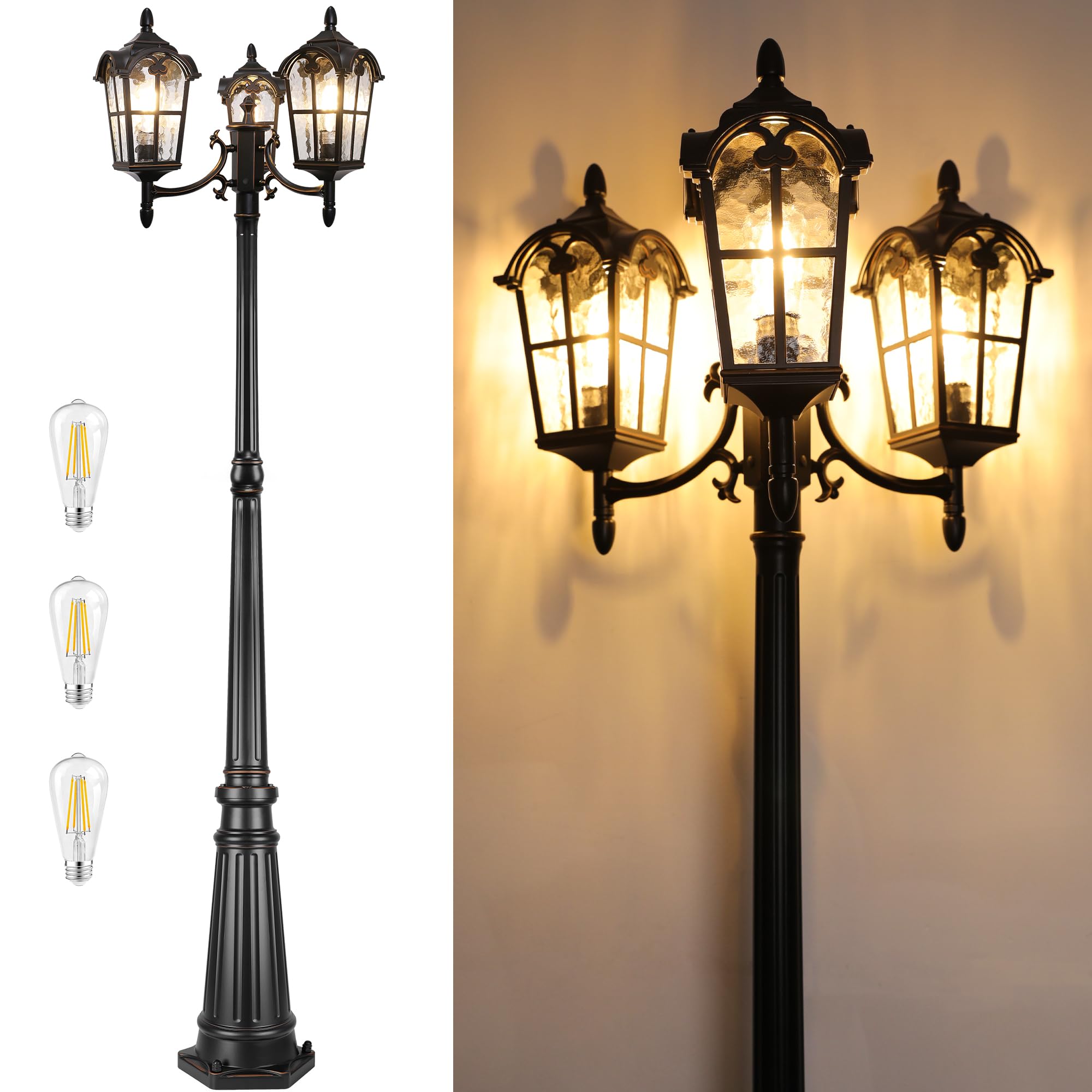 Black Roman Outdoor Lamp Post - Triple Head Aluminum Street Light with Water Glass, Waterproof Pole Lighting for Backyard, Garden, Patio, Driveway | Durable & Elegant Exterior Lighting for Pathways, Landscaping & Outdoor Decor