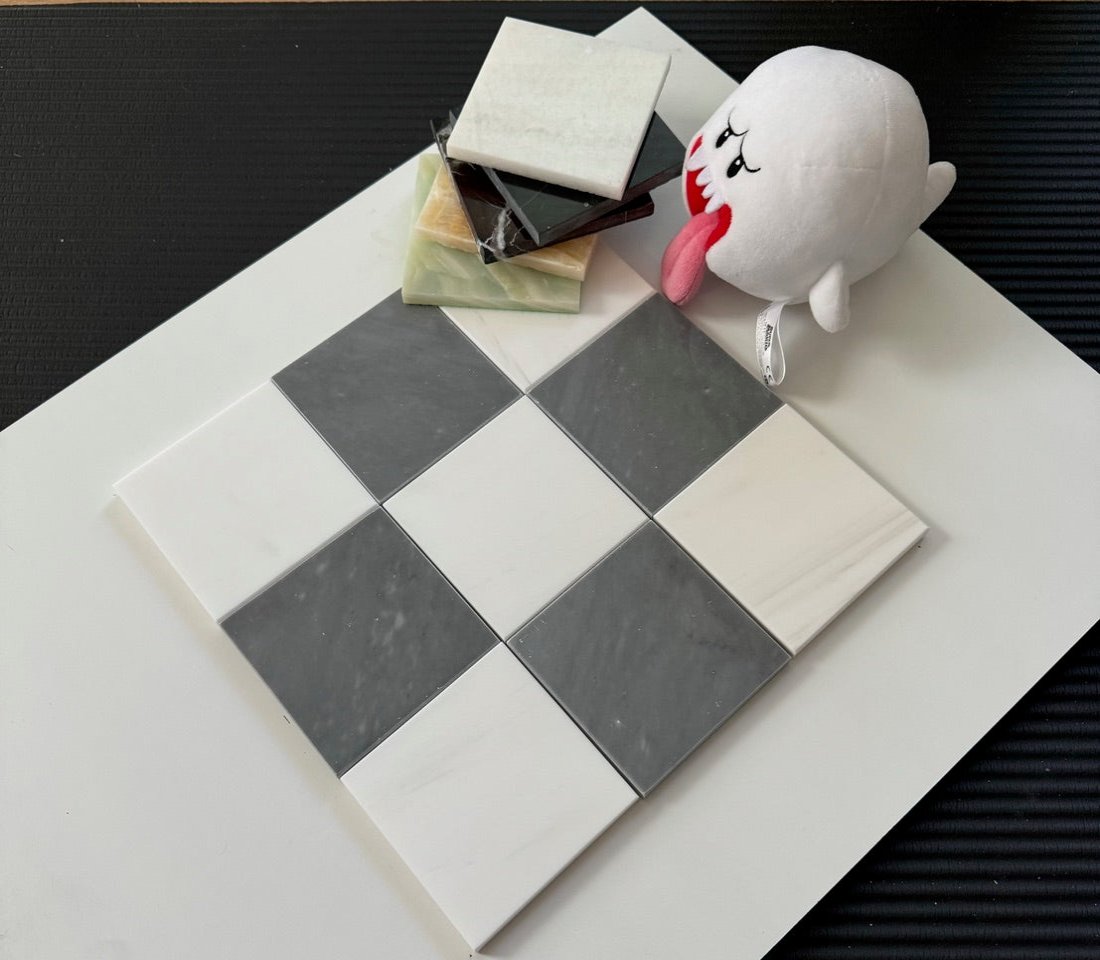 Premium Bardiglio Imperial & Bianco Dolomite Checkerboard Floor Tiles - Elegant Black & White Marble Pattern for Kitchen Backsplash, Bathroom & Entryway Flooring