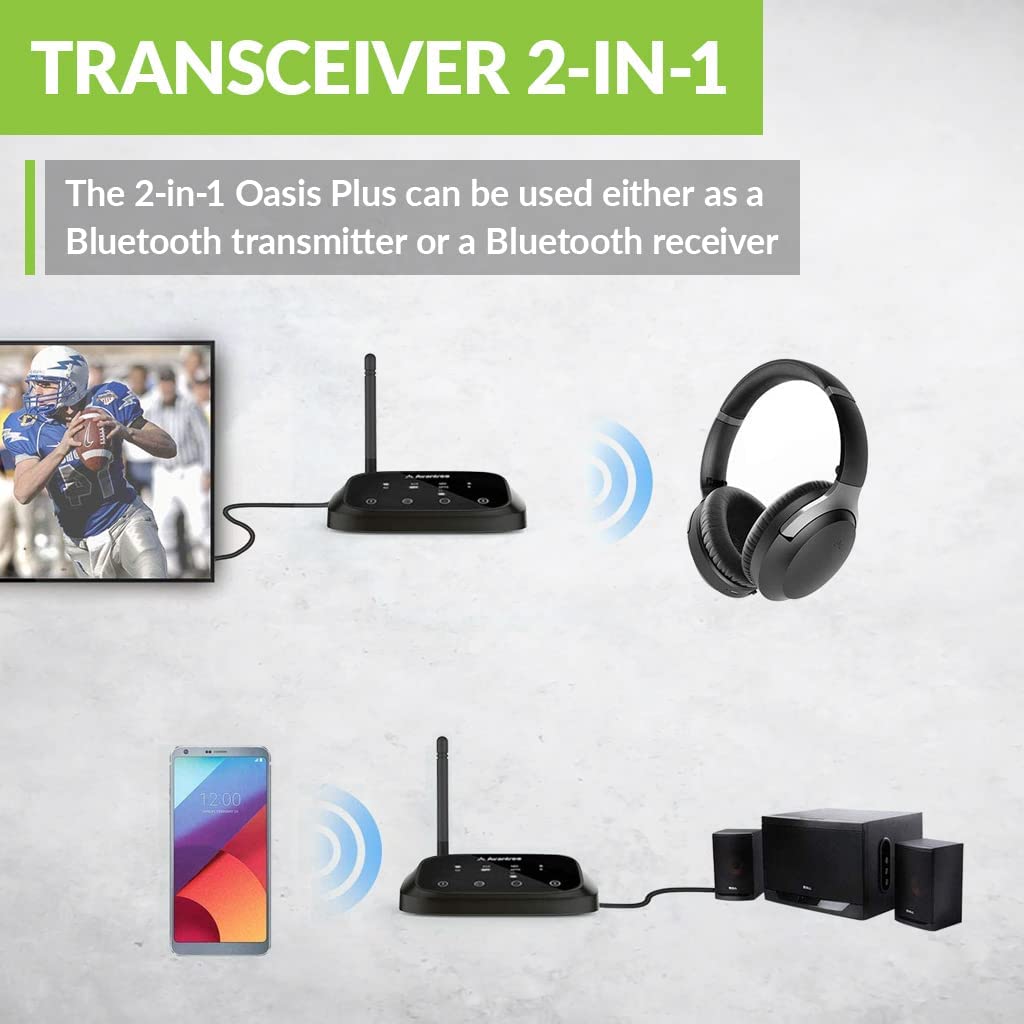 Avantree Oasis Plus Bluetooth Transmitter & Avantree Aria Me ANC Headphones Bundle - Wireless Audio Adapter for TV with Active Noise Cancelling Wireless Headphones - Perfect for Home Theater, Gaming & Travel