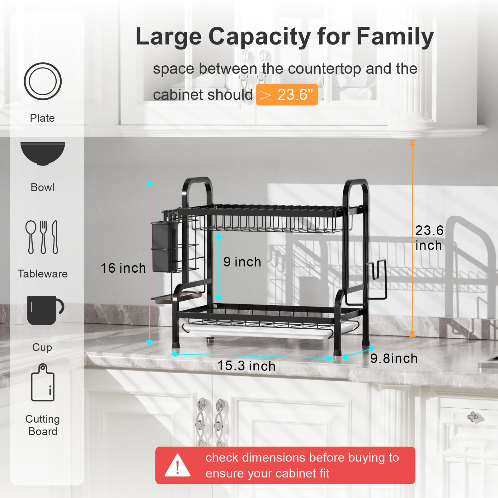 iSPECLE 2-Tier Dish Drying Rack with Utensil Holder & Cutting Board Holder - Large Capacity Kitchen Countertop Drainer with Drainboard for Small Spaces, Black - Perfect for Compact Kitchens, Dish Organization & Efficient Drying