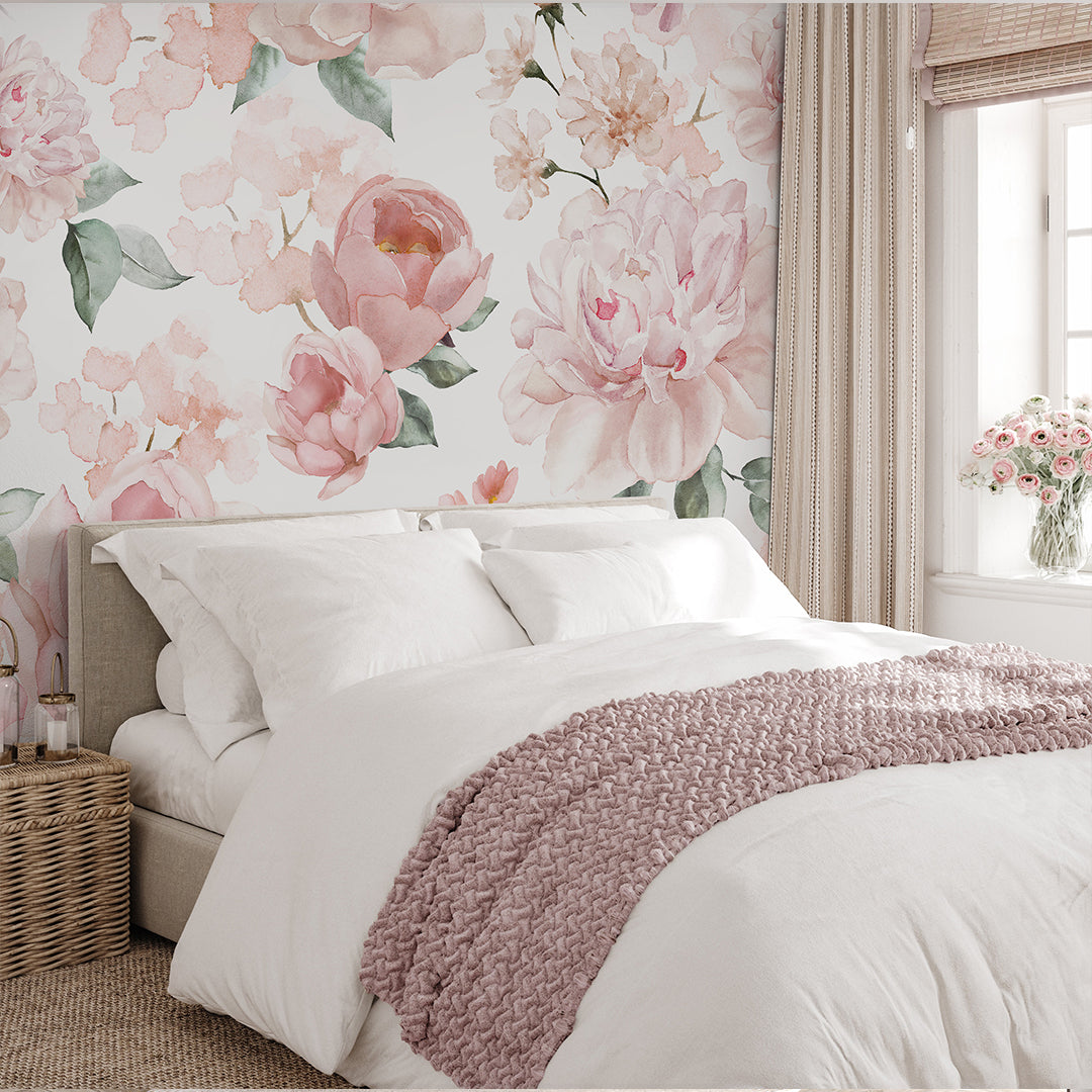 Pink Flowers Bouquet Wall Mural SM026 - Floral Peel and Stick Wallpaper for Bedroom, Living Room, Nursery Decor