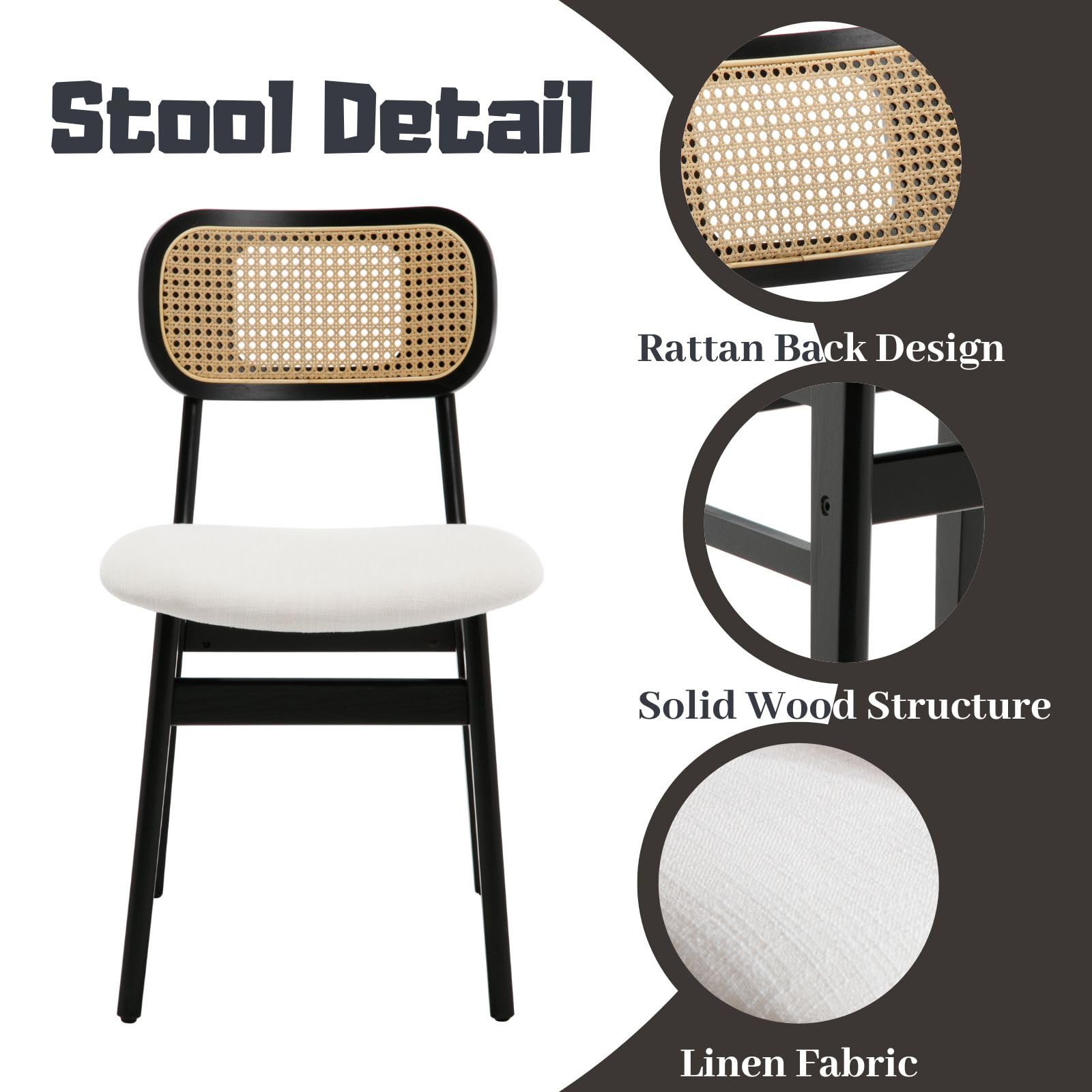 2 Pack Rattan Dining Chairs - Black Linen Upholstered Farmhouse Kitchen Chairs with Natural Wood Frame | Boho Style Side Chairs for Dining Room, Breakfast Nook & Outdoor Patio