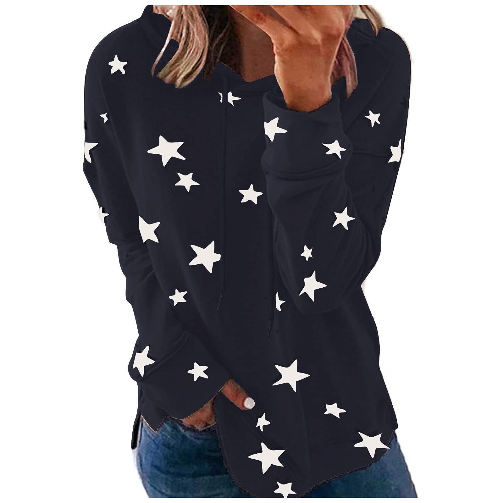 Women's Fashion Hooded Star Print Patchwork Long Sleeve Blouse Sweatshirt - Trendy Casual Wear for Street Style, Loungewear & Everyday Outfits