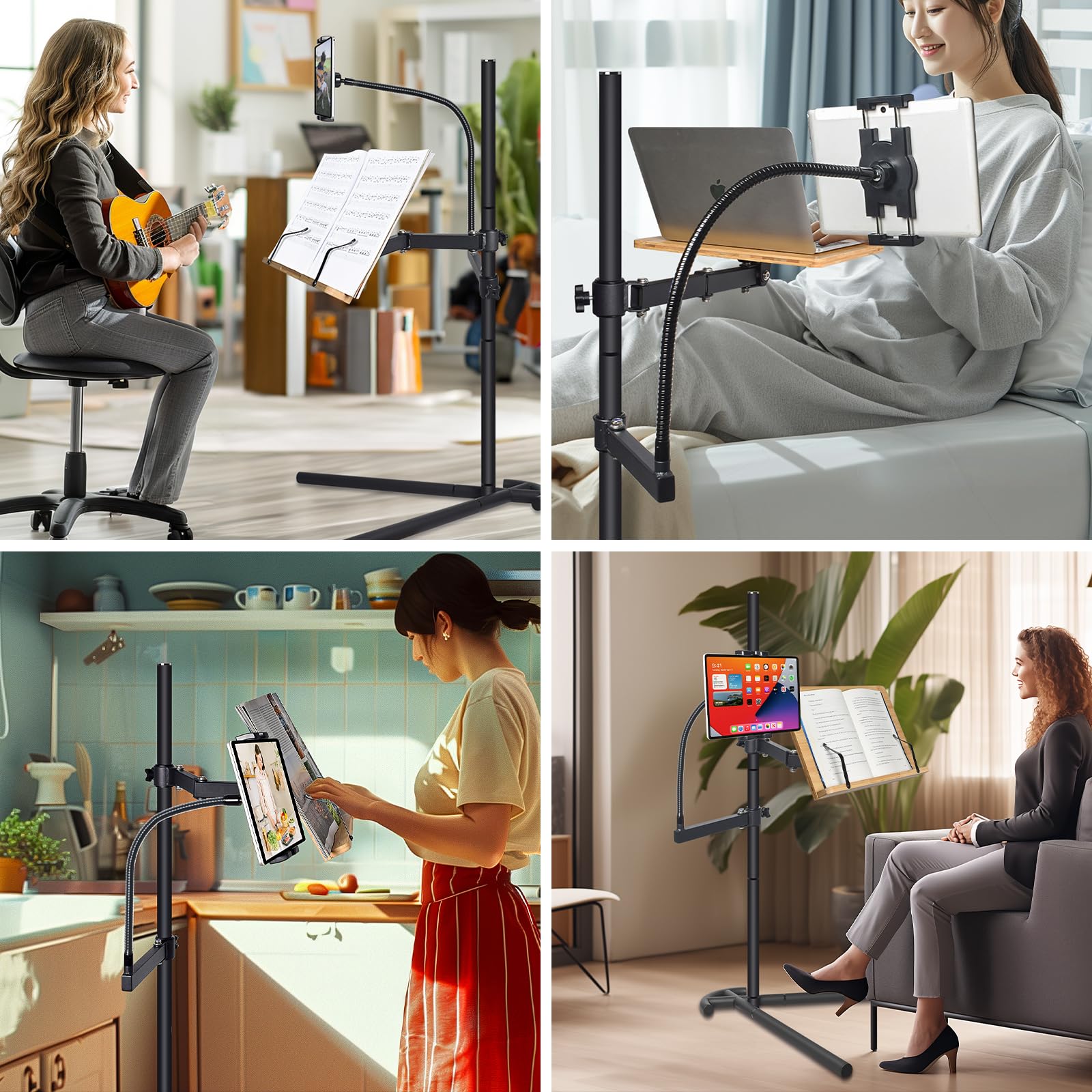 Adjustable Book Stand with Tablet Holder - Sturdy Metal Floor Stand for Reading in Bed - Perfect for Laptops, Tablets, Phones & Books - Ideal for Bedtime Reading, Studying & Hands-Free Viewing
