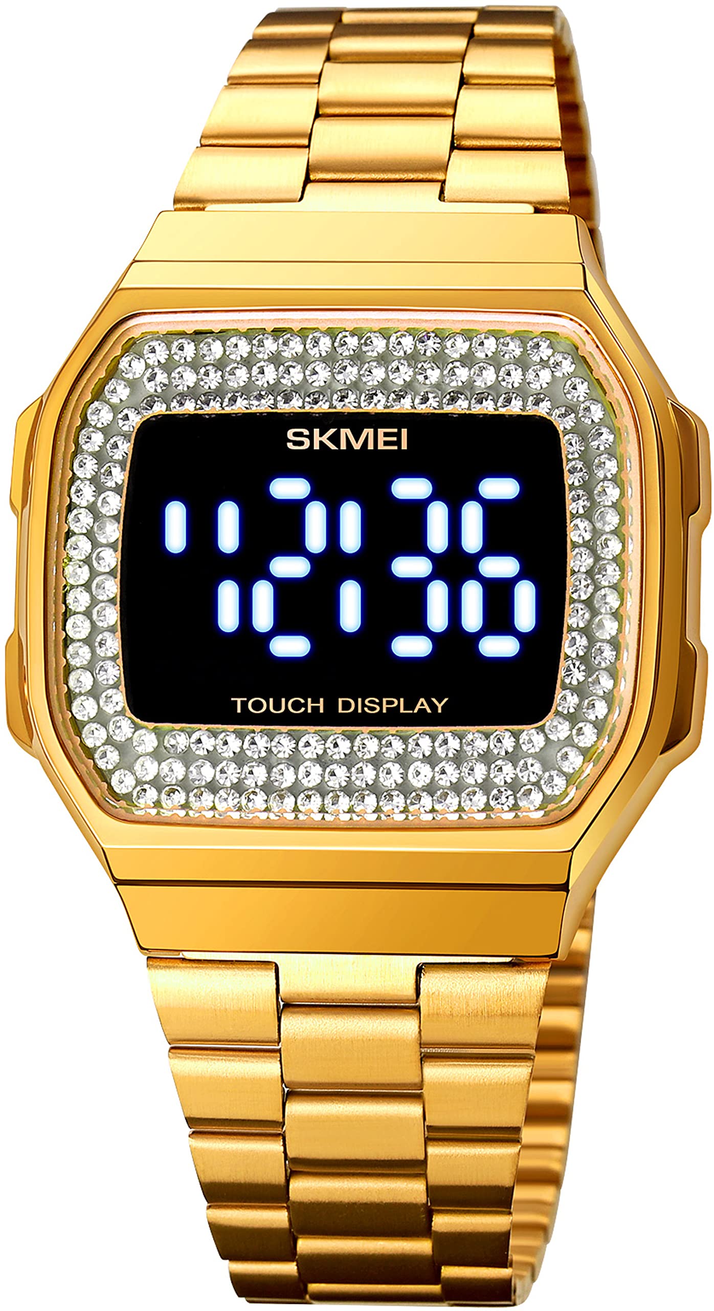 Findtime Women's Gold Diamond Digital Sports Watch - LED Stainless Steel Square Dress Watch with Day Date Calendar | Luxury Casual Quartz Analog Watch for Business, Fitness & Everyday Wear