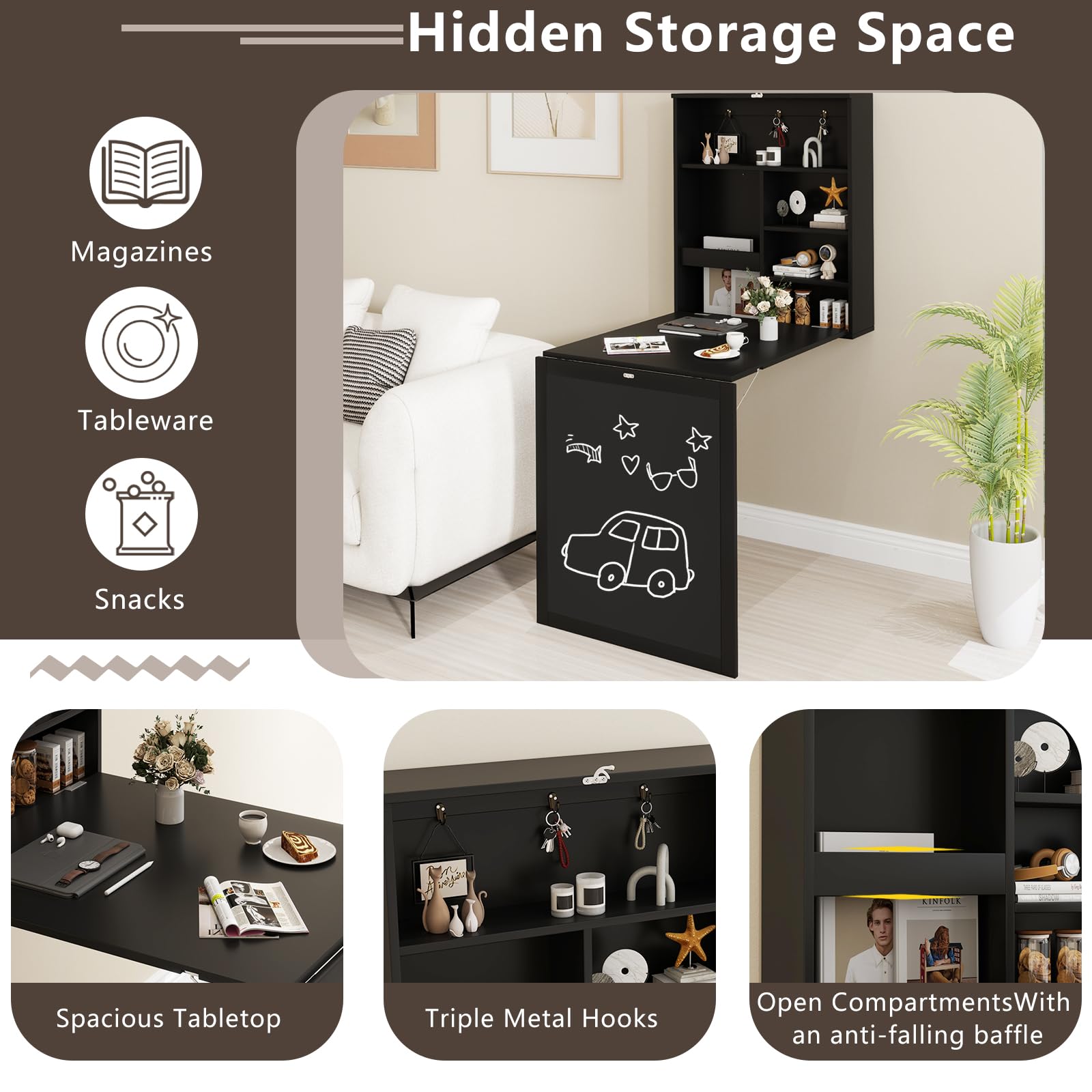 Tangkula Foldable Wall-Mounted Desk with Chalkboard - Space Saving Floating Desk with Storage Shelves & Hooks - Perfect for Home Office, Bedroom, Dorm Room & Small Spaces - Ideal for Remote Work, Study & Crafting