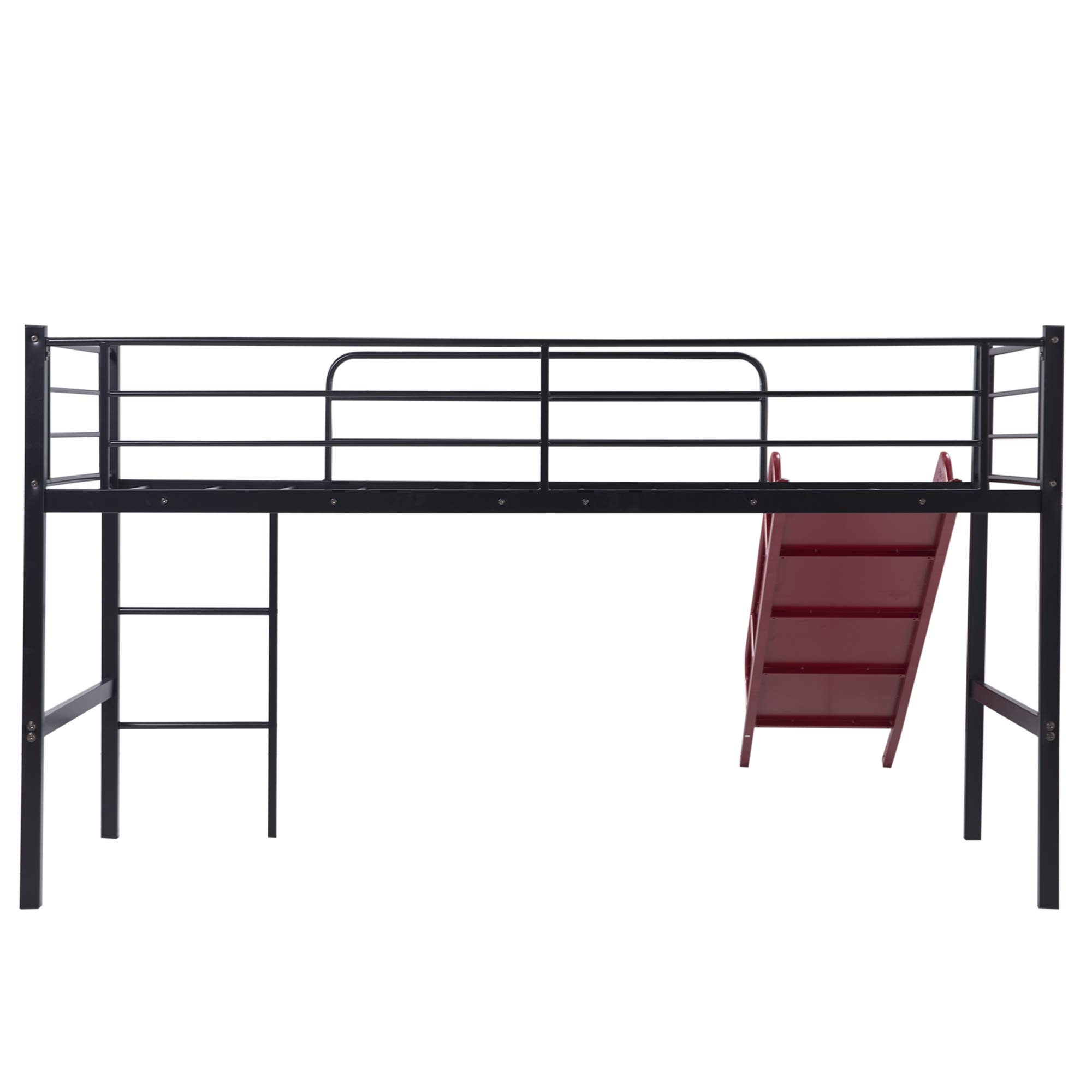 **Kids Twin Loft Bed with Slide - Sturdy Metal Low Loft Bed, Built-in Ladder & Safety Guard Rail, Multifunctional Space-Saving Design, No Box Spring Required (Red) - Perfect for Small Bedrooms, Playrooms & Dorm Rooms**