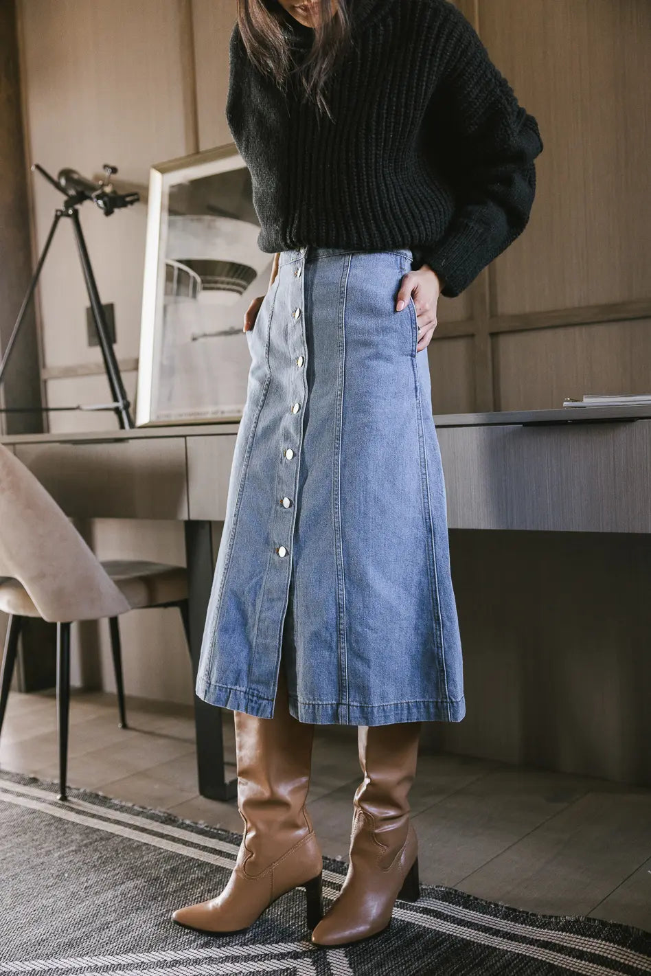 Kaylee Button Denim Skirt for Women | High Waisted A-Line Denim Skirt with Front Buttons | Perfect for Casual Outfits, Date Nights & Spring Fashion