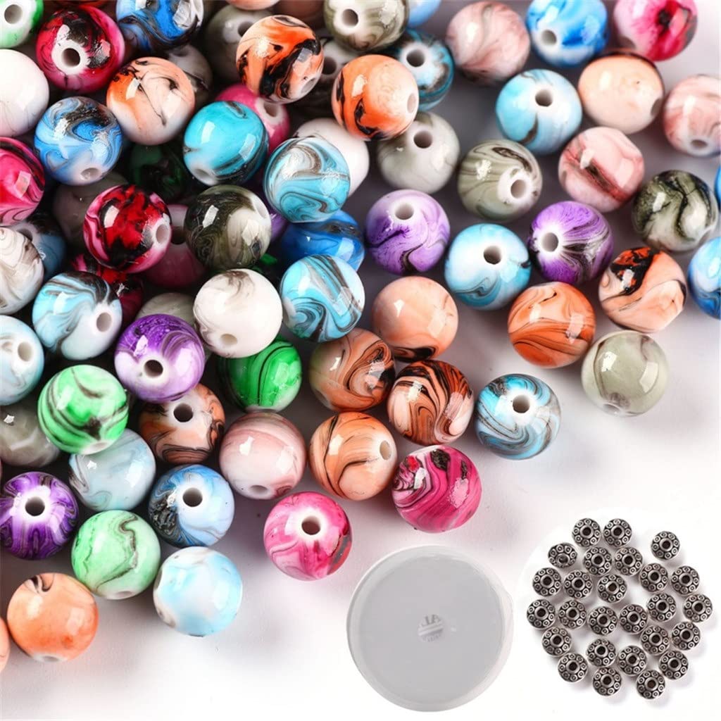 500Pcs Acrylic Beads for Jewelry Making - Ink Pattern Loose Beads with 50Pcs Spacer Beads & Crystal String - DIY Bracelets, Necklaces, Earrings & Craft Projects (Color A, One Size)