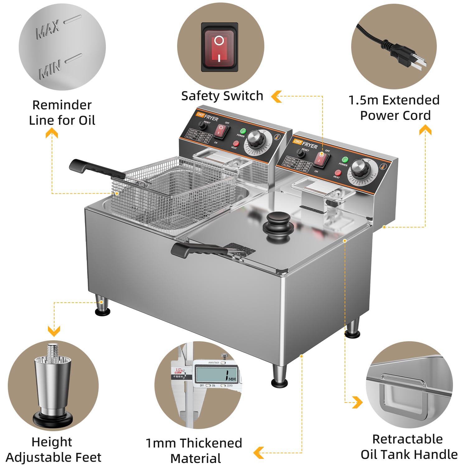 OKF 24L Commercial Deep Fryer - 3600W, 120V with 2 Baskets & Lids - 1mm Thickened Stainless Steel - Safety Switch & Overheat Protection - Perfect for Restaurants, Food Trucks & Home Kitchens