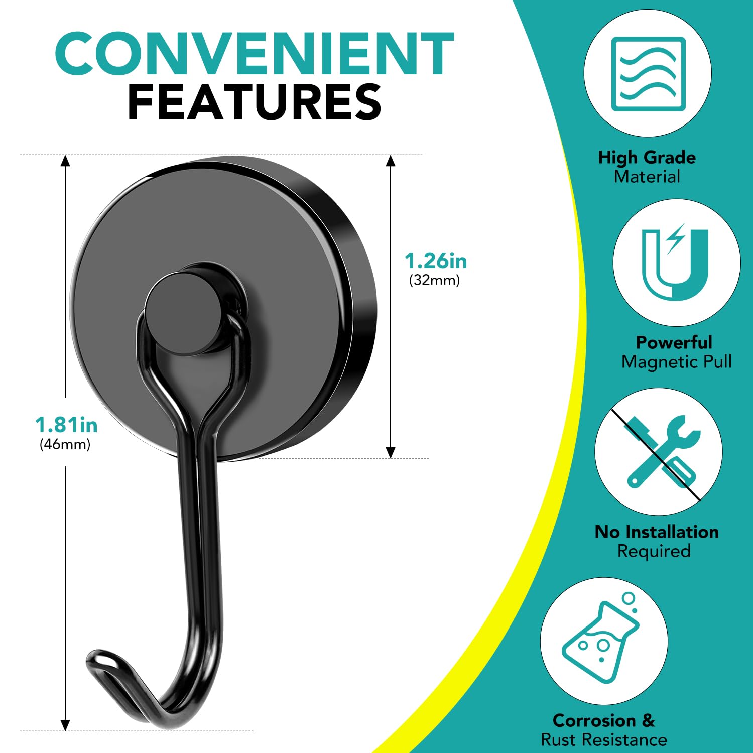 DIYMAG Black Magnetic Hooks - 110LBS Heavy Duty Magnetic Hooks for Refrigerator, Kitchen, Office & Cruise Ship - 8 Pack Strong Magnet Hooks with Metal Hook for Hanging Towels, Keys, Utensils & More