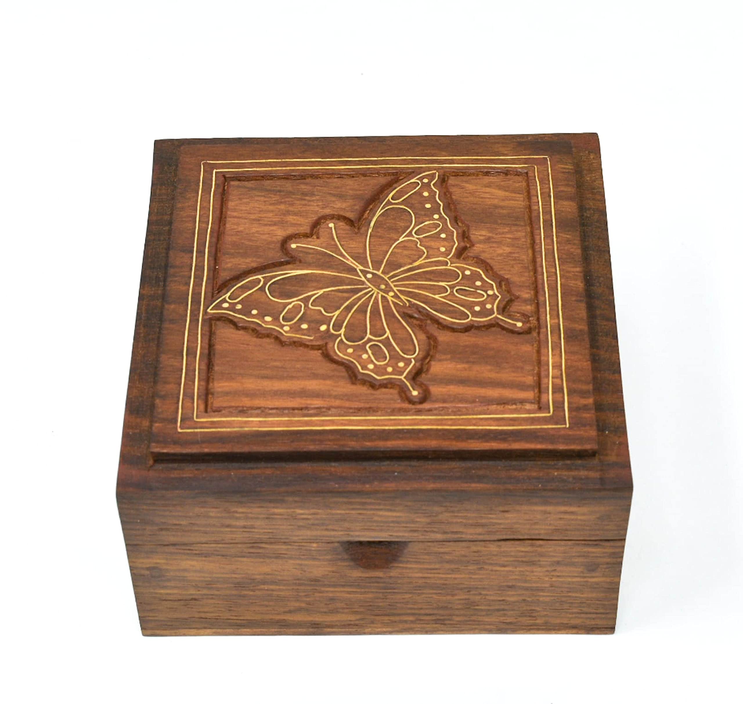 Hand Carved Wooden Keepsake Box - Multi-Purpose Jewelry Storage Box (4x4 Inch, Butterfly Design) - Perfect for Gifts, Wedding Favors & Home Decor