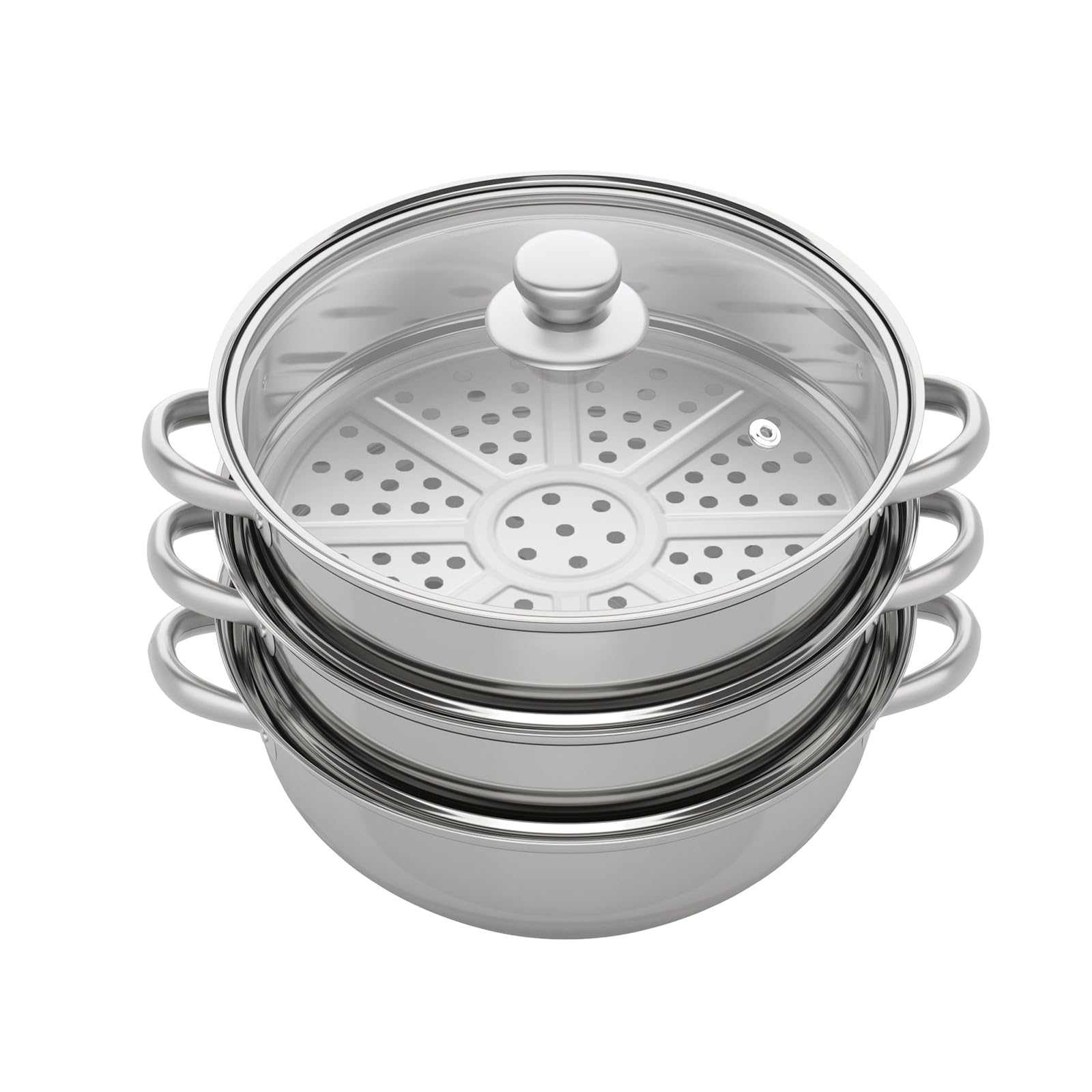 3-Tier Stainless Steel Steamer Pot with Explosion-Proof Glass Lid - 11 Inch Stackable Cookware Set for Induction, Gas & Electric Stoves - Perfect for Steaming Vegetables, Seafood and Dumplings at Home