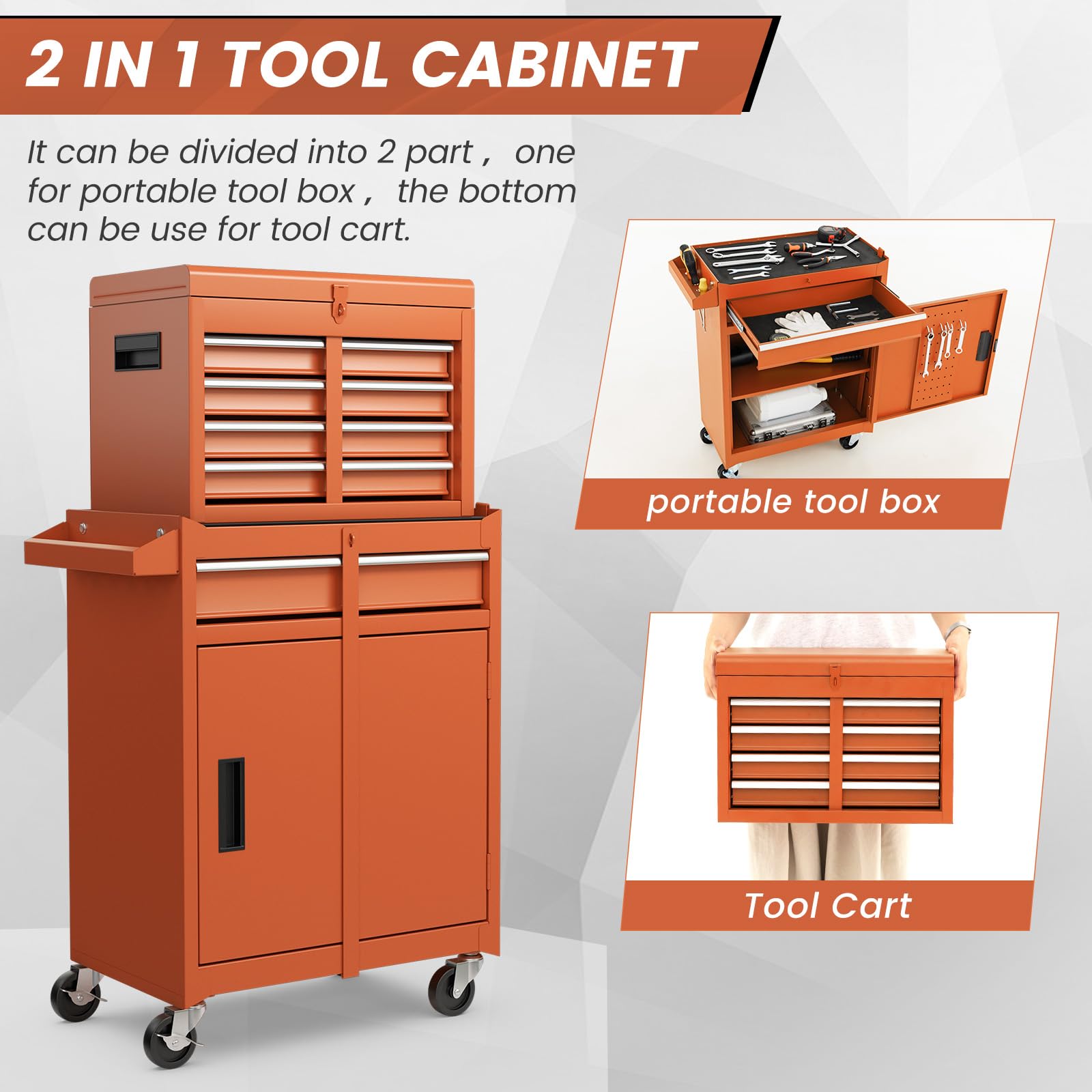 ERGOMASTER Heavy Duty 5-Drawer Rolling Tool Chest with Lockable Cabinet - Orange Tool Box for Garage, Workshop & DIY Projects | Removable Drawers for Easy Organization