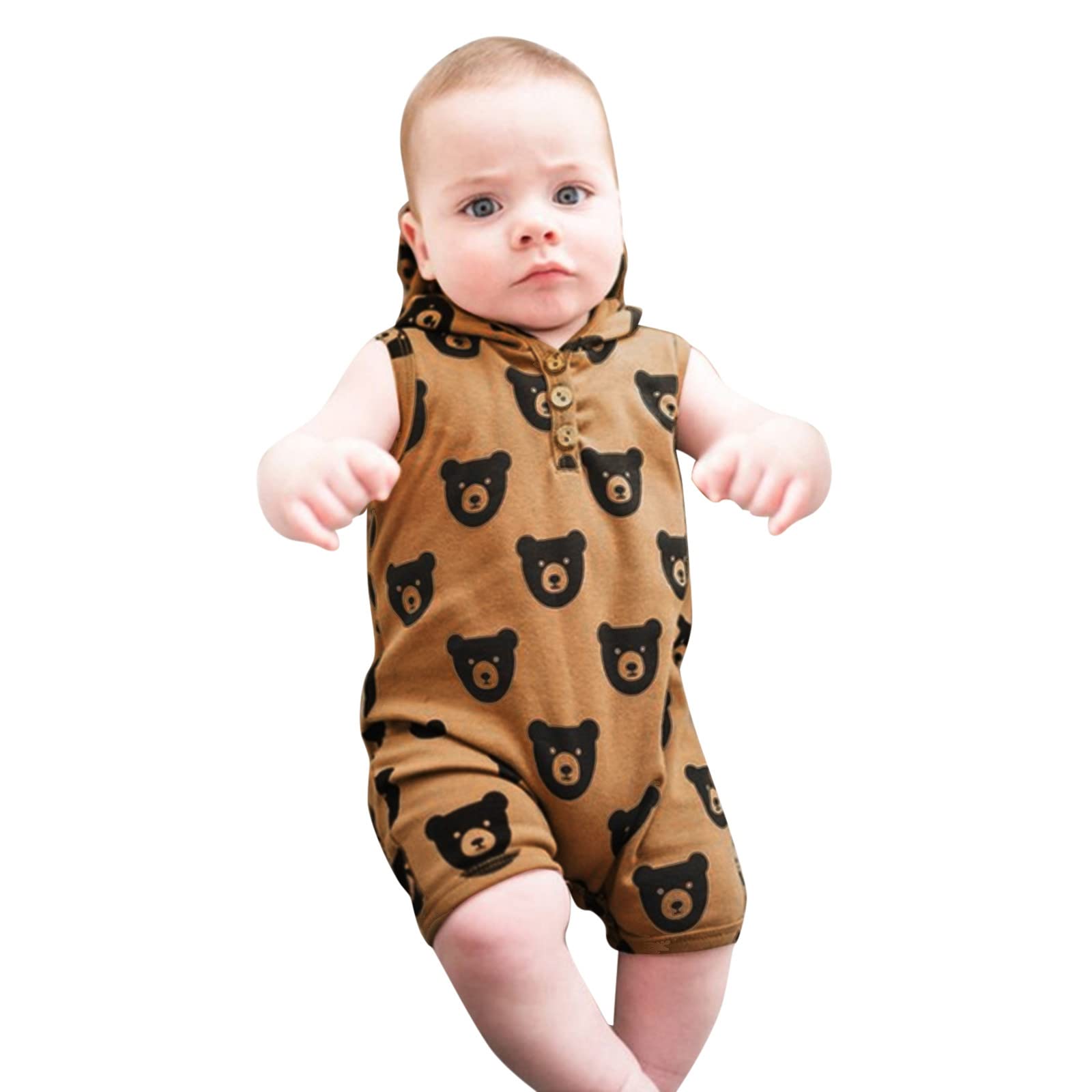 Toddler Boys & Girls Sleeveless Romper - Cute Cartoon Bear Printed Hoodie Jumpsuit for Baby | Summer Outfit for Playdates, Beach & Outdoor Activities