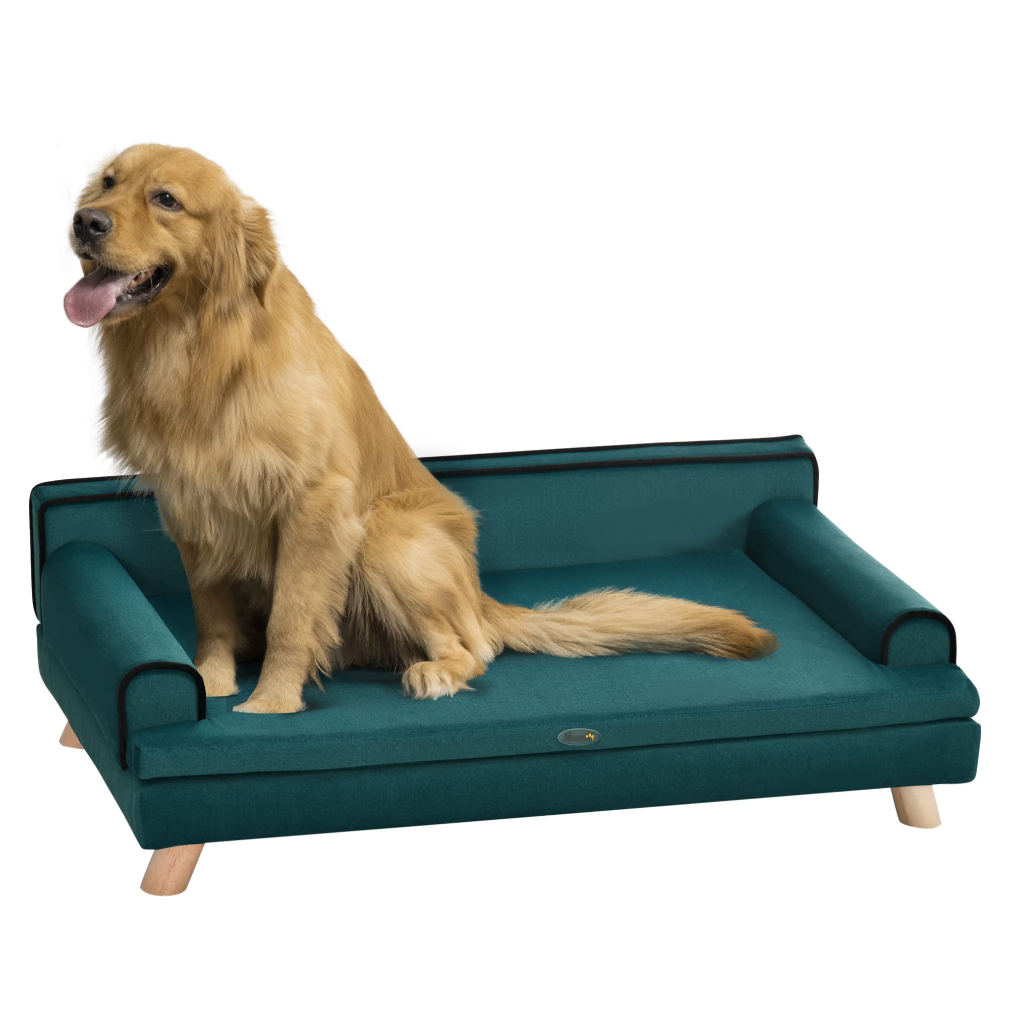 PawHut Large Dog Sofa Bed with Washable Cover & Wooden Legs - Elevated Foam Pet Couch for Medium & Large Dogs - Teal Color - Perfect for Living Room, Bedroom & Pet-Friendly Spaces
