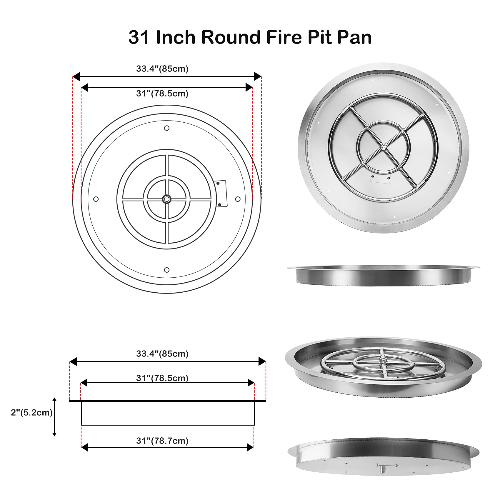 Stanbroil 31 Inch Round Fire Pit Pan Burner - 304 Stainless Steel Drop-in Insert for Propane & Natural Gas - 296,000 BTU Max - Perfect for DIY Fire Pit Tables, Outdoor Patios, Backyards & Camping